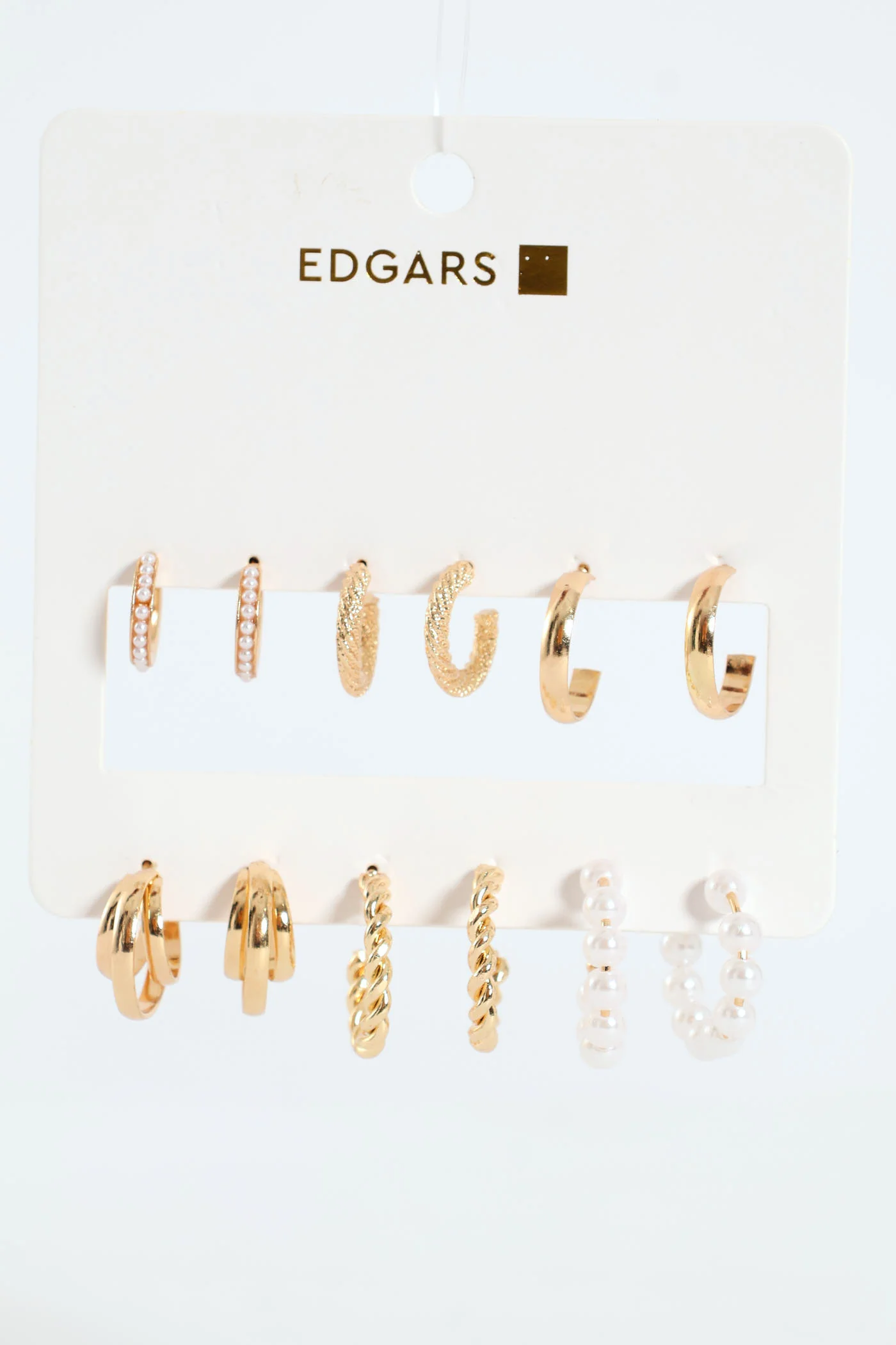 6 Pack Textured Hoop & Pearl Bead Earrings - Gold - Image 3