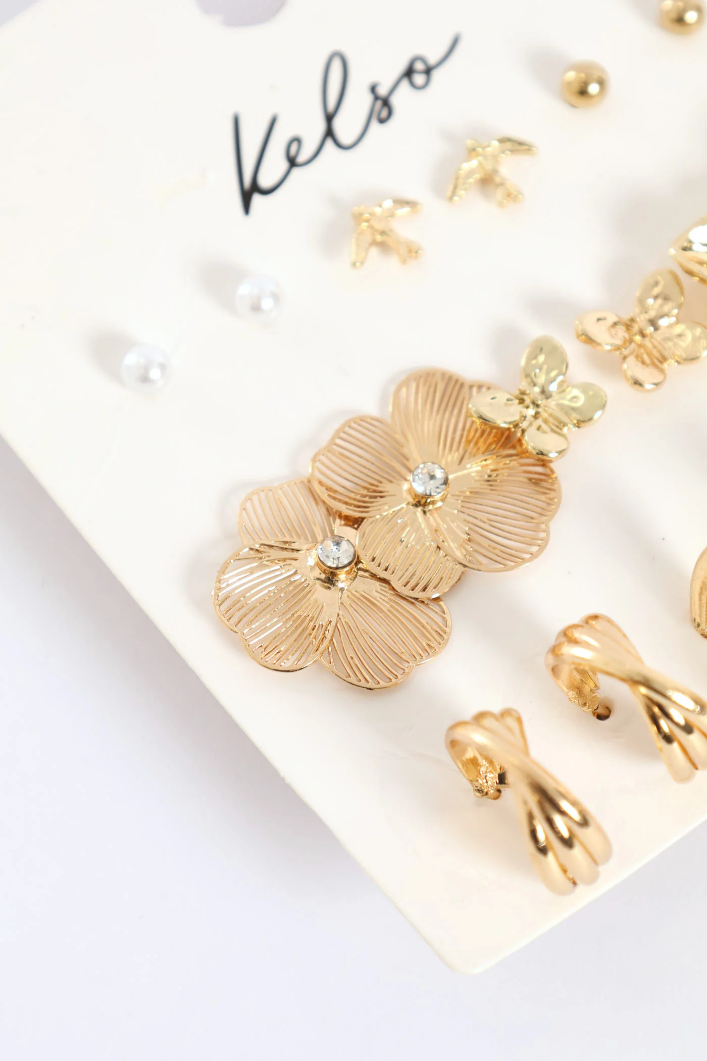 9 Pack Floral Studs & Hoop Earrings - Gold - Image 2