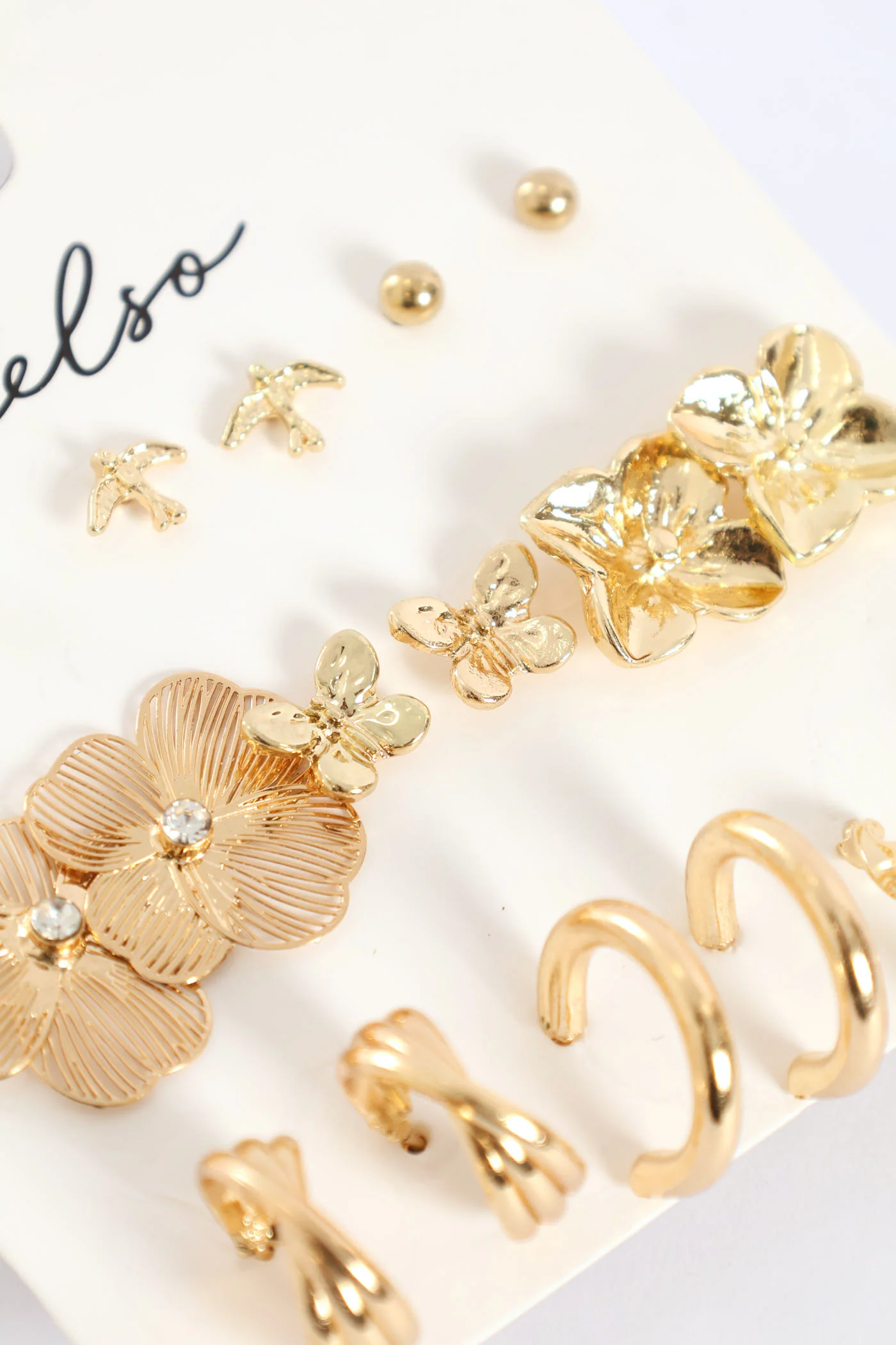 9 Pack Floral Studs & Hoop Earrings - Gold - Image 3