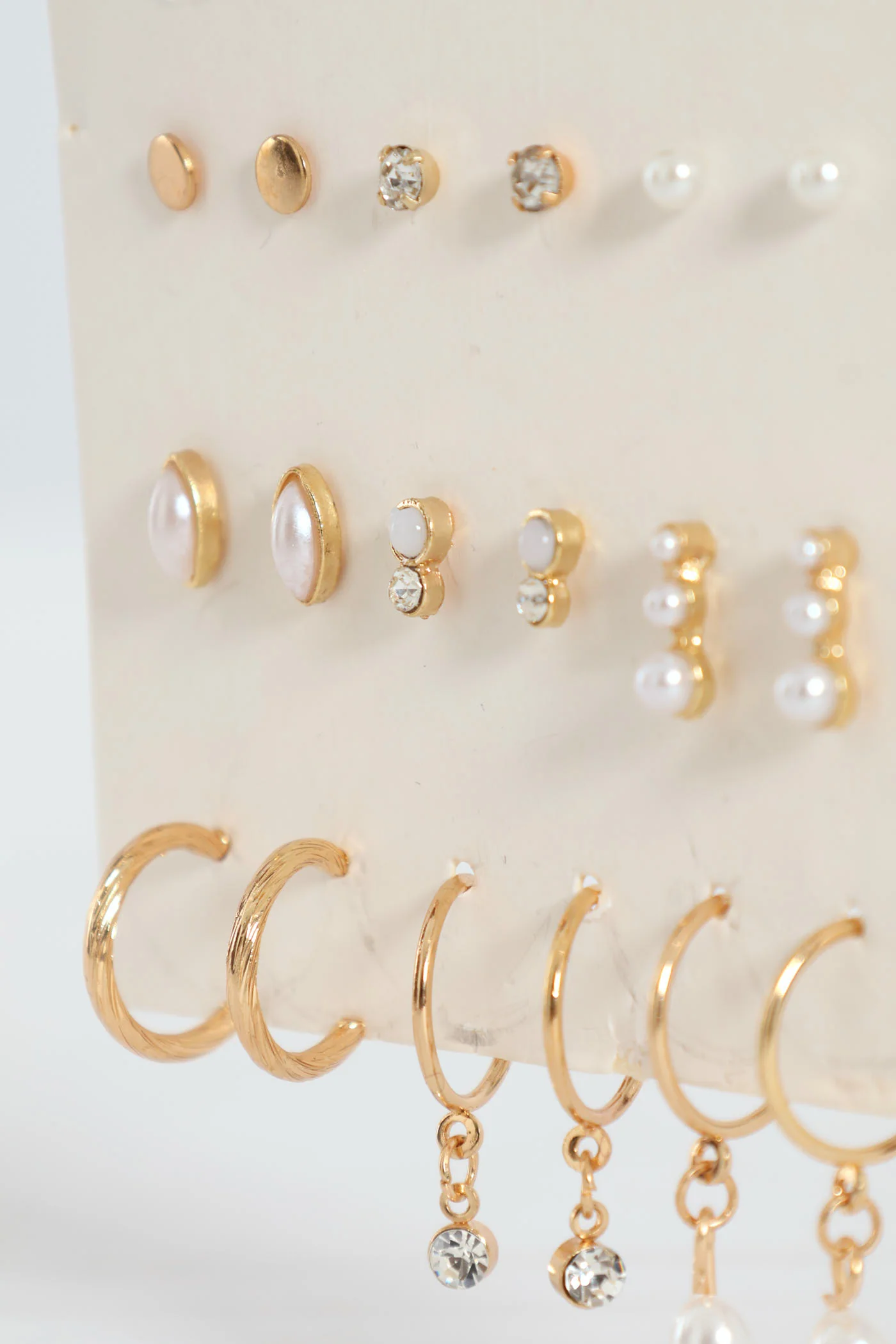 9 Pack Pearl Bead Studs Small Hoop Earrings - Gold - Image 2
