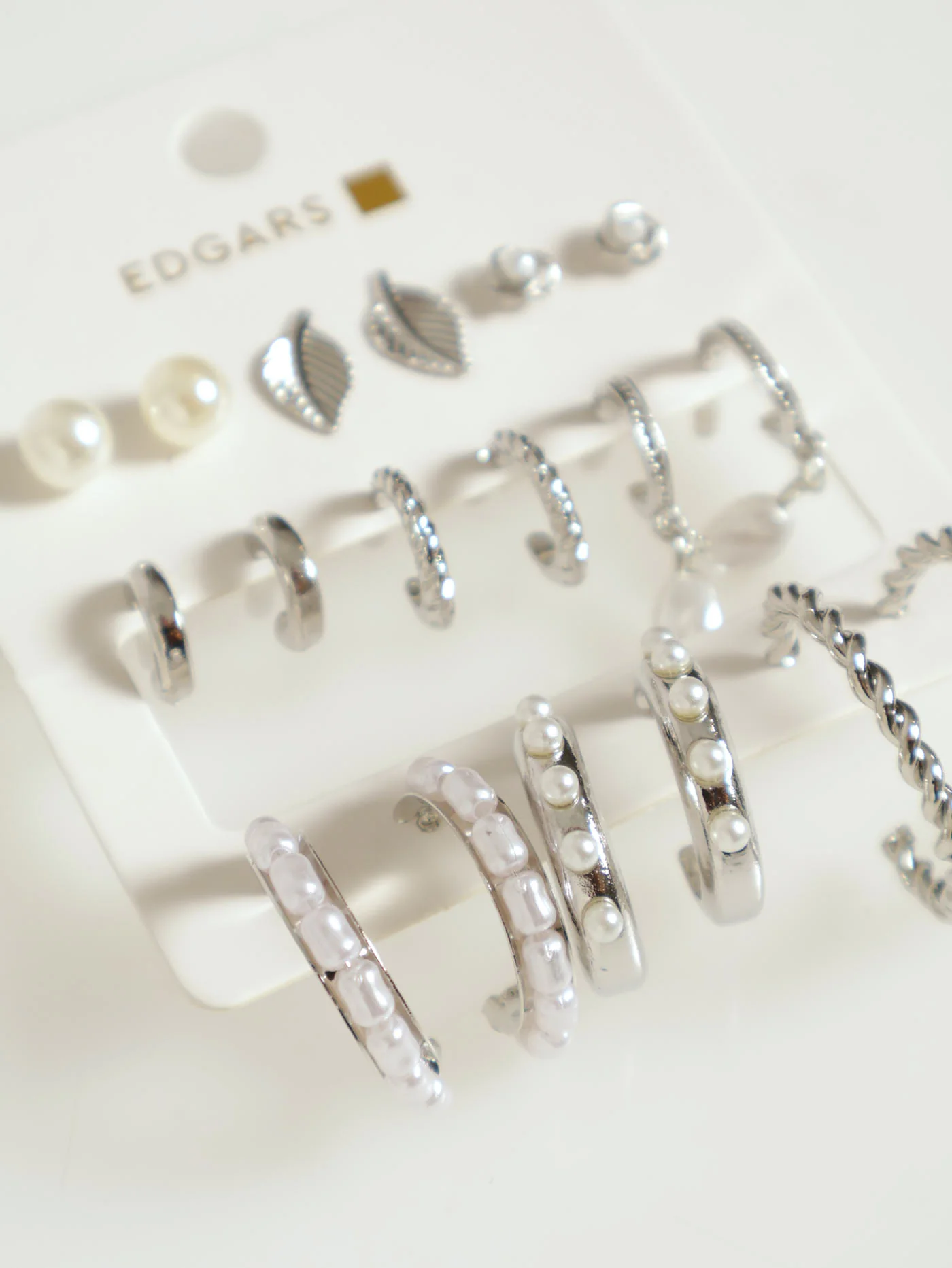 9 Pack Pearl Hoop & Leaf Earrings - Silver - Image 2