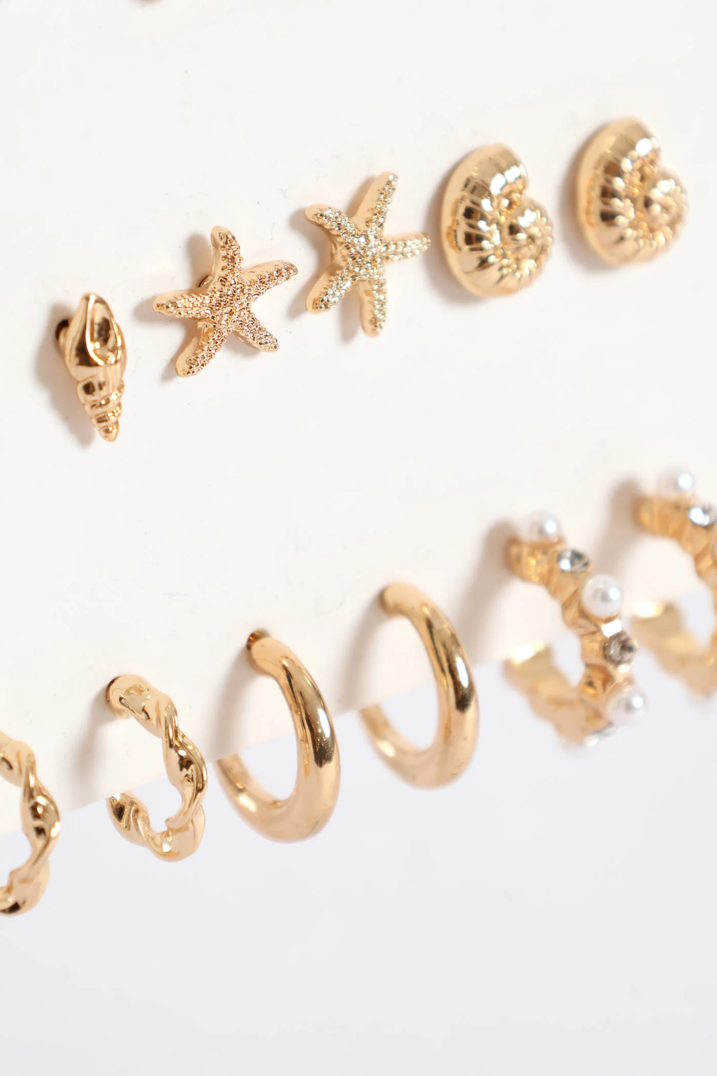 9 Pack Shell Studs & Hoop Earrings - Gold - Image 2