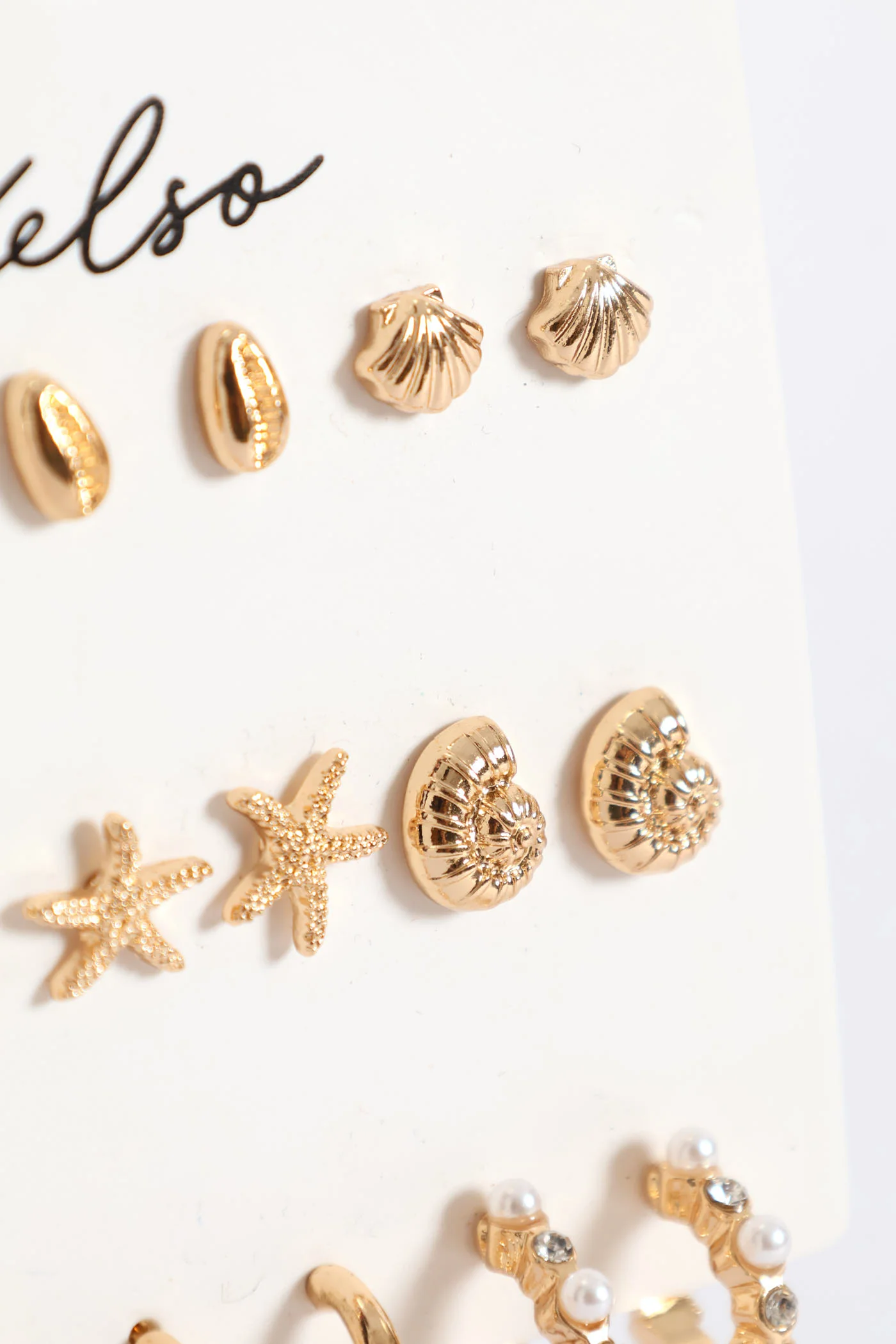 9 Pack Shell Studs & Hoop Earrings - Gold - Image 3