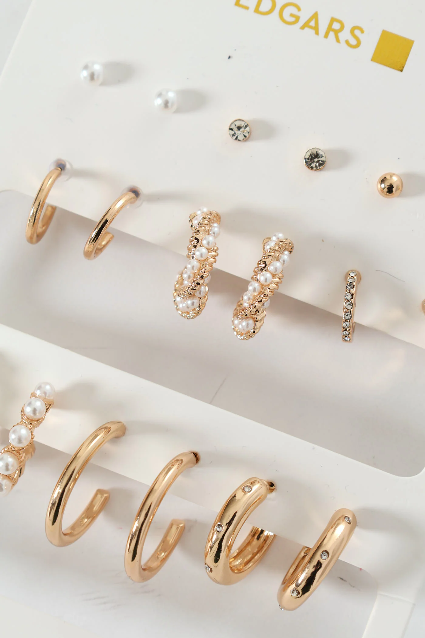9 Pack Stud & Faux Pearl Bead Hoop Earrings - Gold - Image 2