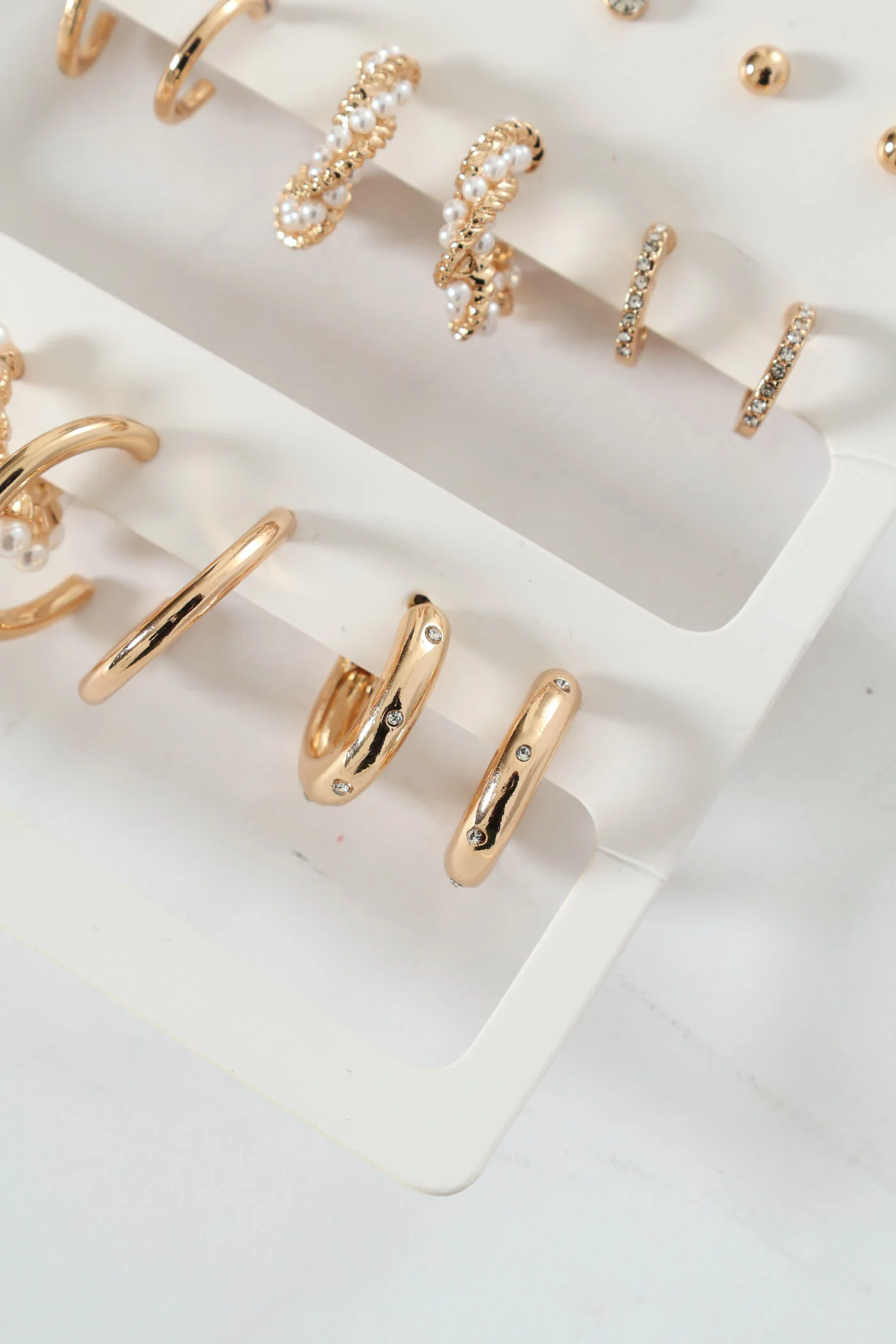 9 Pack Stud & Faux Pearl Bead Hoop Earrings - Gold - Image 3