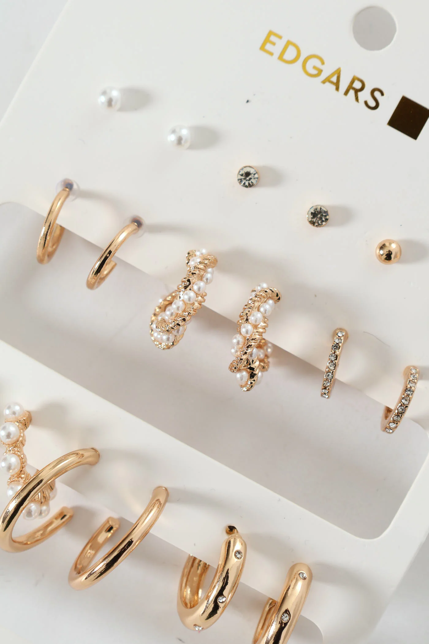 9 Pack Stud & Faux Pearl Bead Hoop Earrings - Gold - Image 4