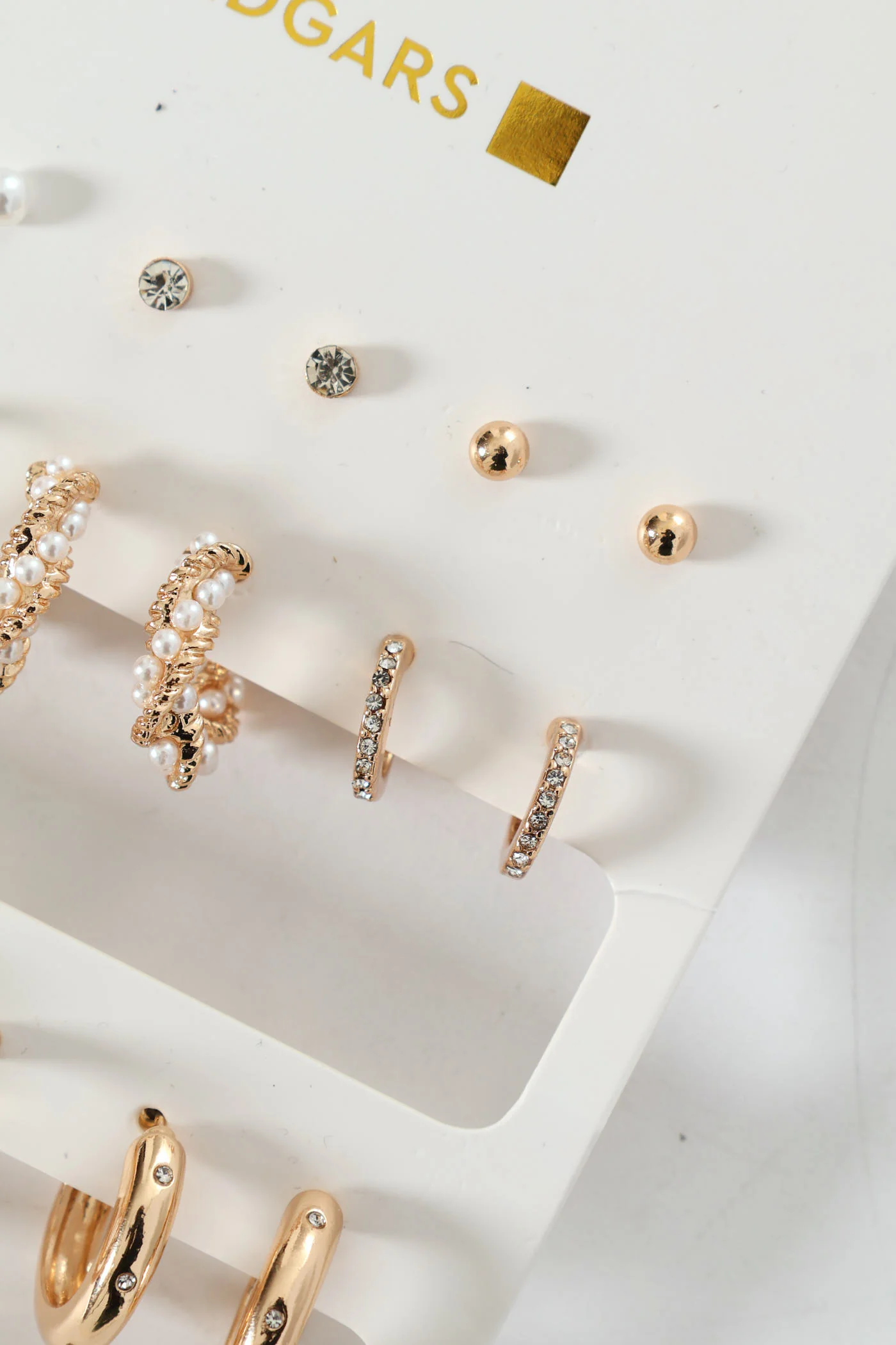 9 Pack Stud & Faux Pearl Bead Hoop Earrings - Gold - Image 5