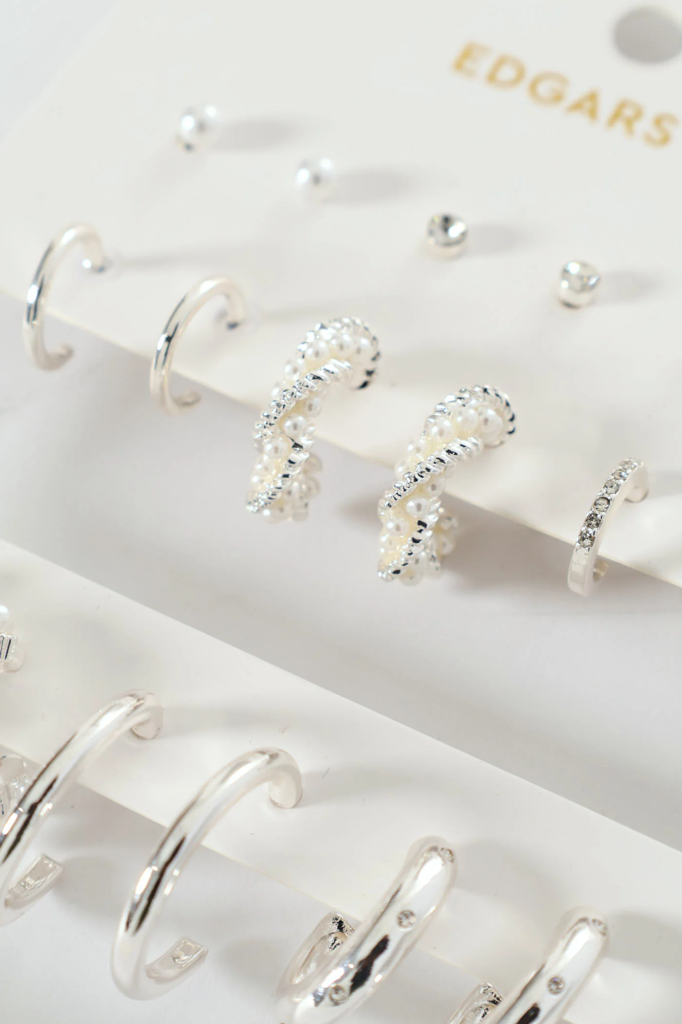 9 Pack Stud Faux Pearl Bead Hoop Earrings - Silver - Image 2