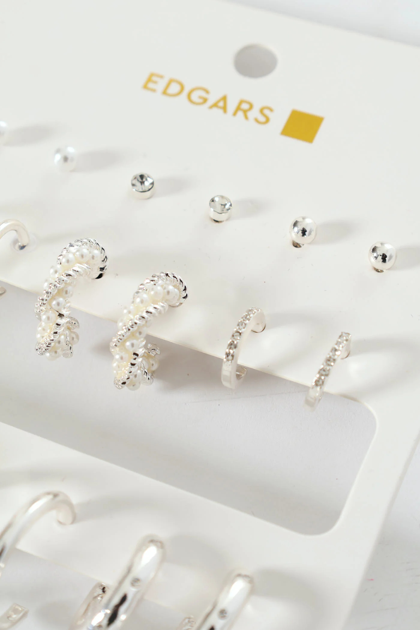 9 Pack Stud Faux Pearl Bead Hoop Earrings - Silver - Image 3