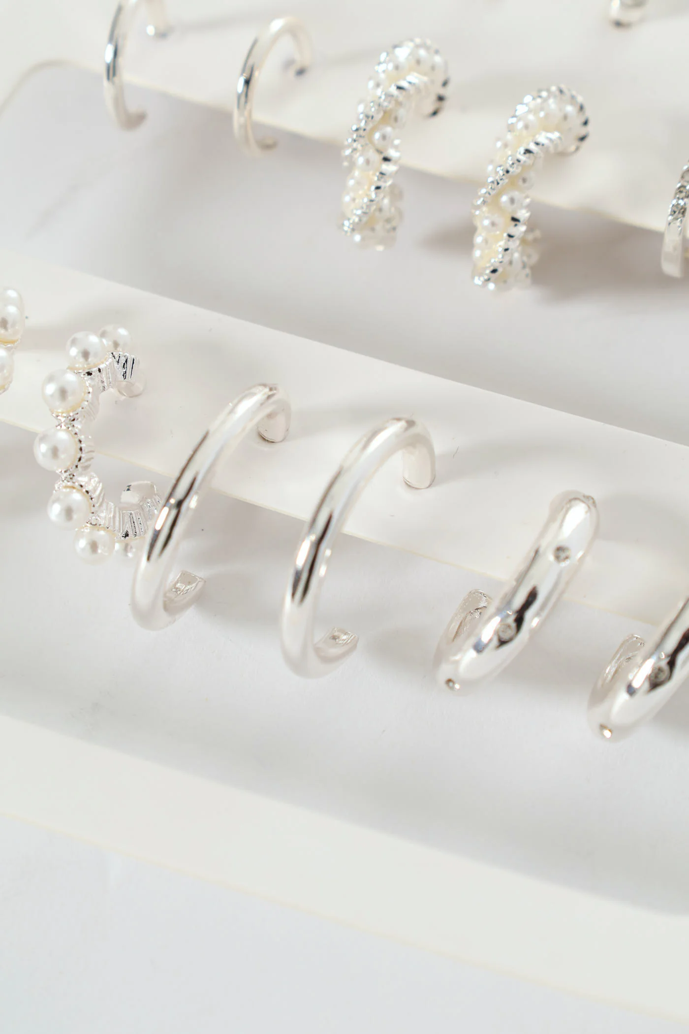 9 Pack Stud Faux Pearl Bead Hoop Earrings - Silver - Image 4