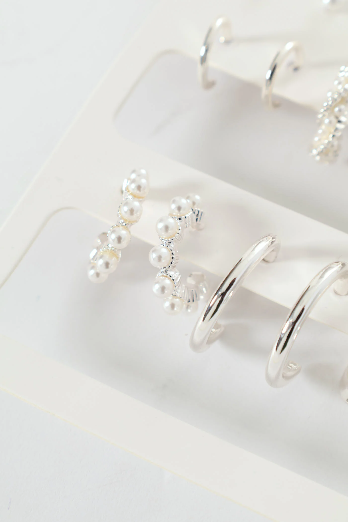 9 Pack Stud Faux Pearl Bead Hoop Earrings - Silver - Image 5