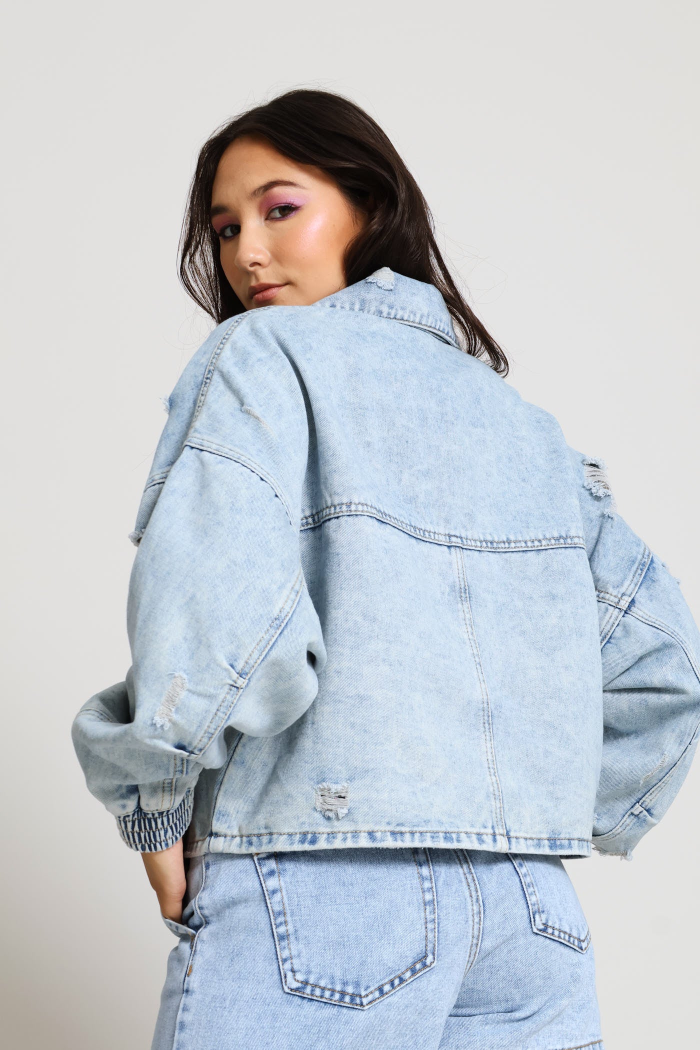 Abraised Denim Zip Through Jacket - Salty Light Wash - Image 2