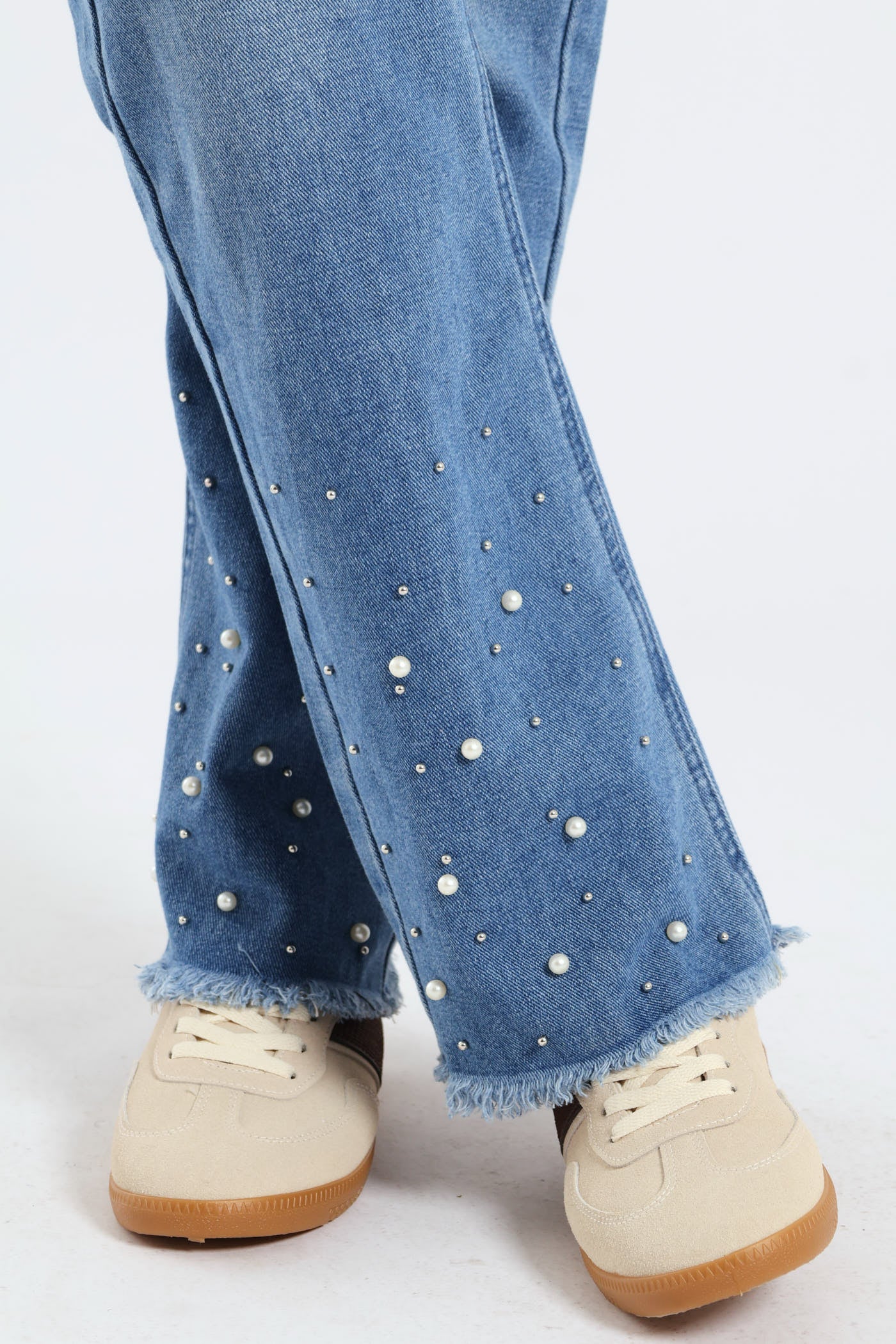 Abraised Pearl Hem Straight Leg Denim - Mid Wash - Image 2