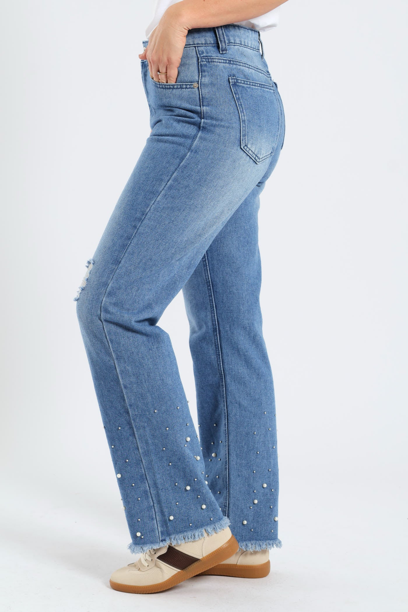 Abraised Pearl Hem Straight Leg Denim - Mid Wash - Image 4