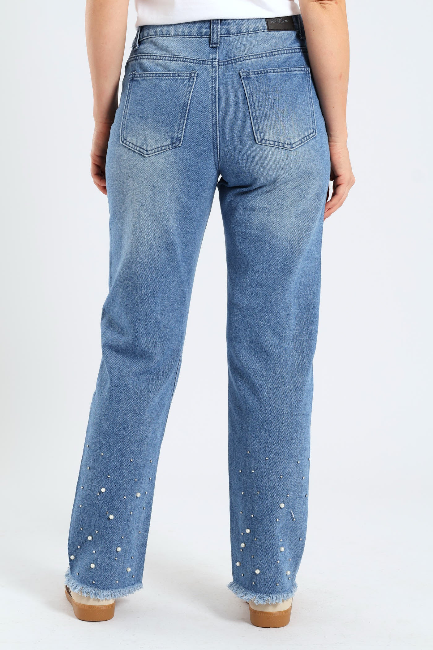Abraised Pearl Hem Straight Leg Denim - Mid Wash - Image 5