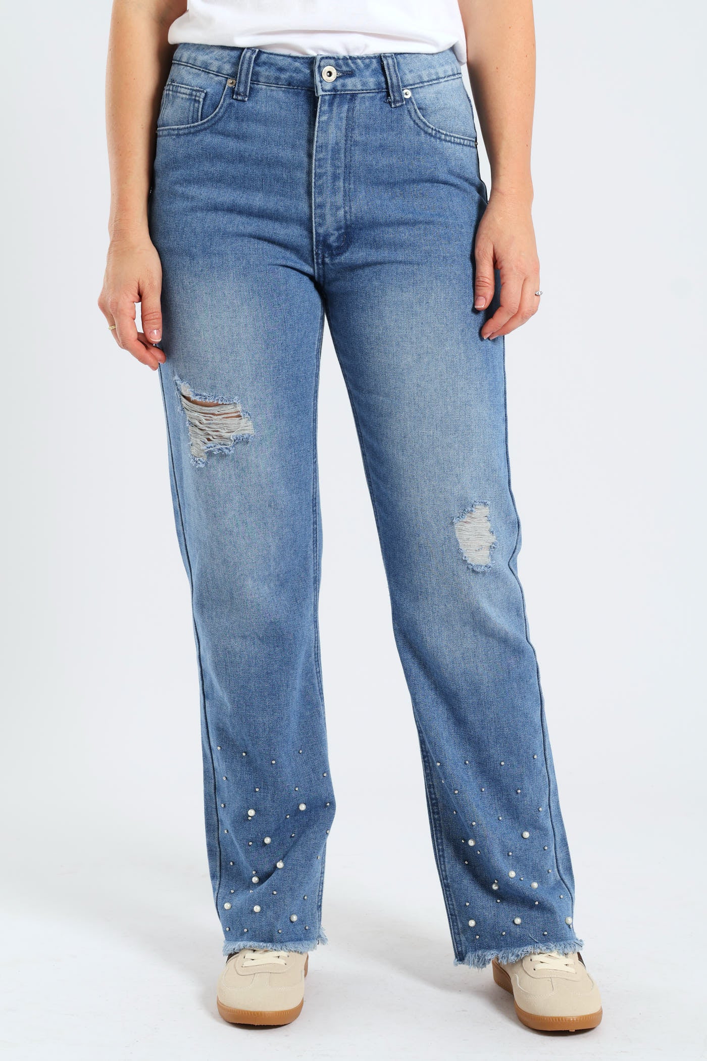 Abraised Pearl Hem Straight Leg Denim - Mid Wash - Image 7