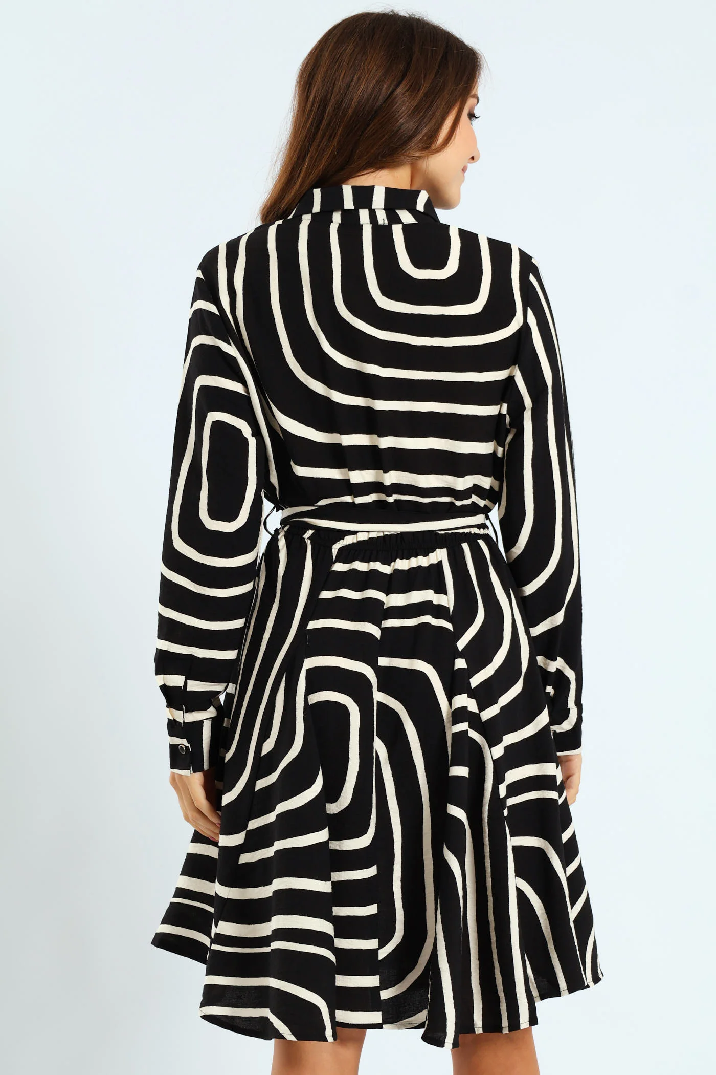 Abstract Button Through Godet Tea Dress - Black/Cream - Image 5