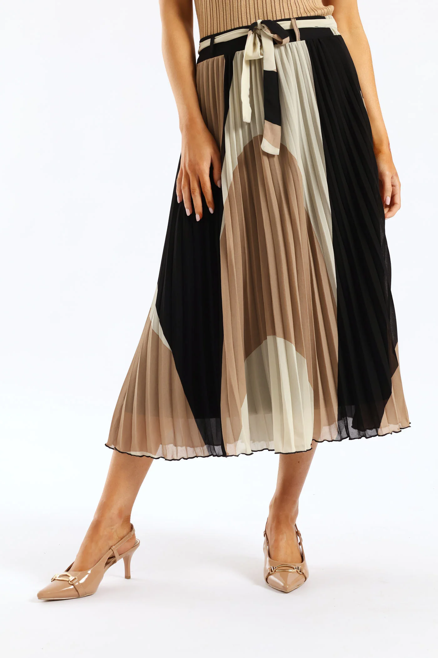 Abstract Chiffon Pleated Midi Skirt - Taupe/Cream - Image 2