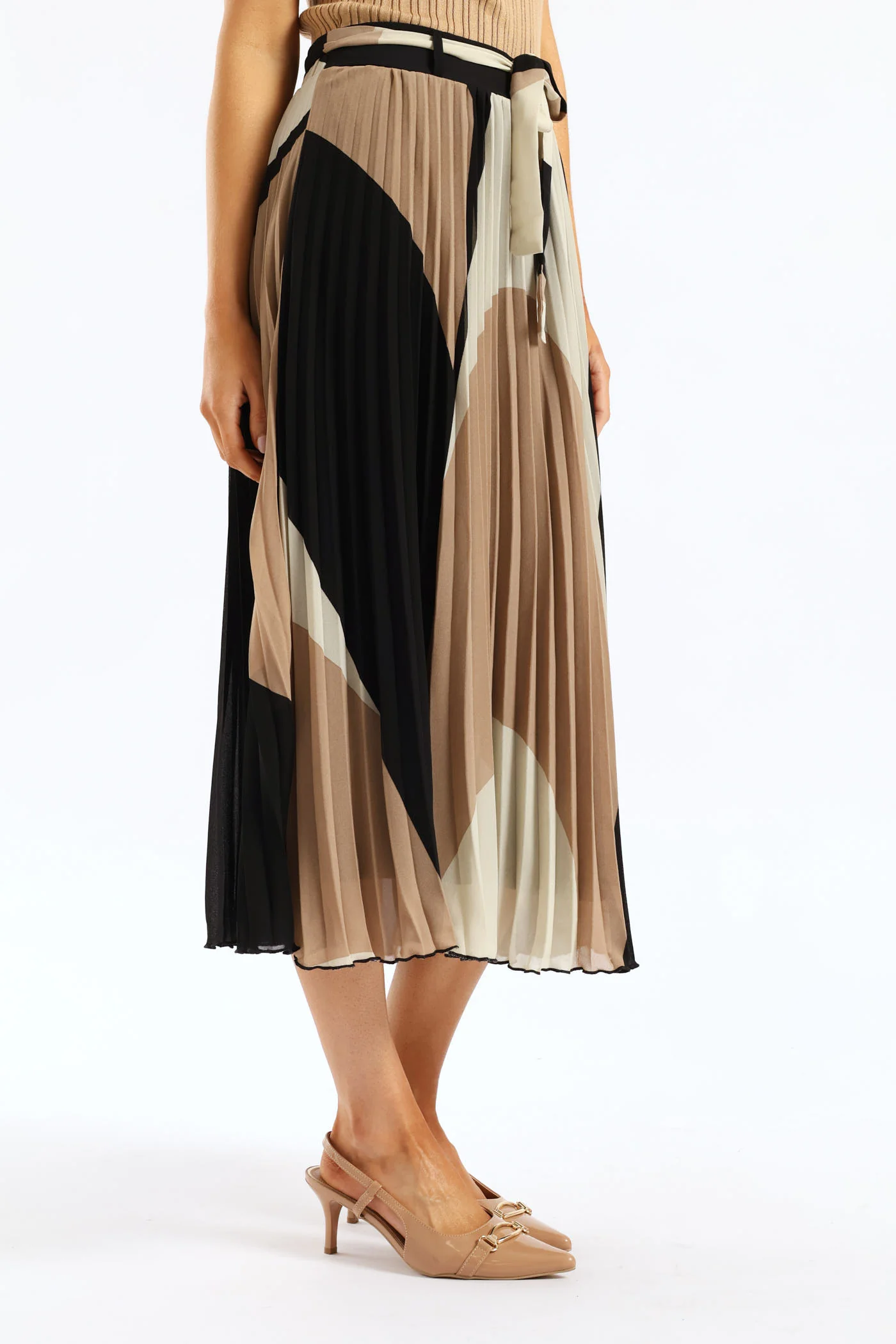 Abstract Chiffon Pleated Midi Skirt - Taupe/Cream - Image 3