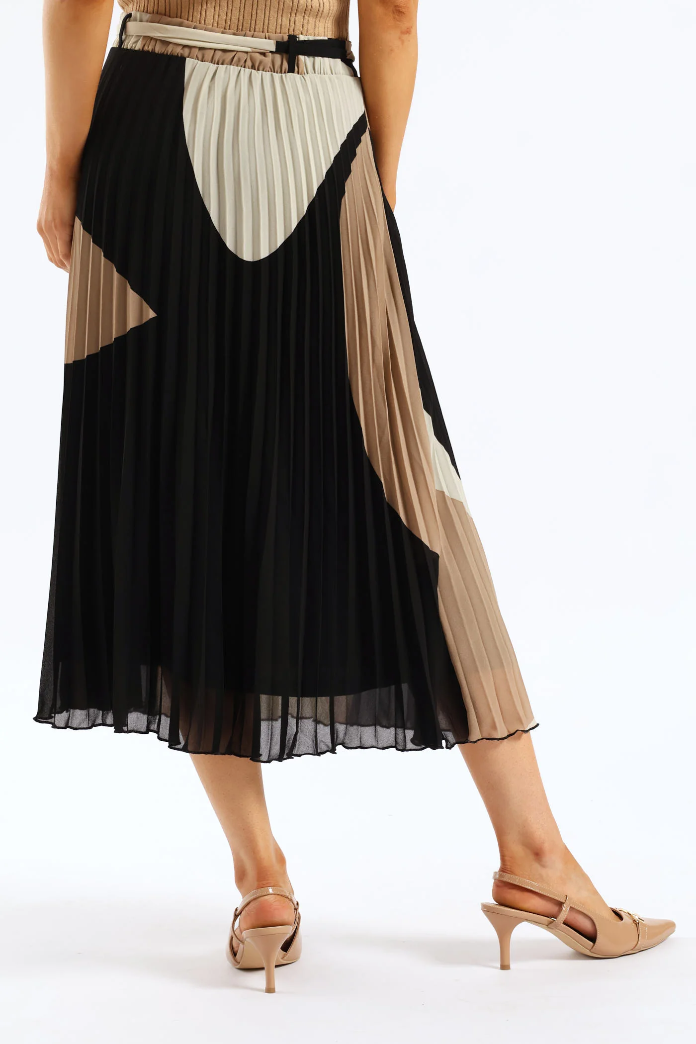 Abstract Chiffon Pleated Midi Skirt - Taupe/Cream - Image 4