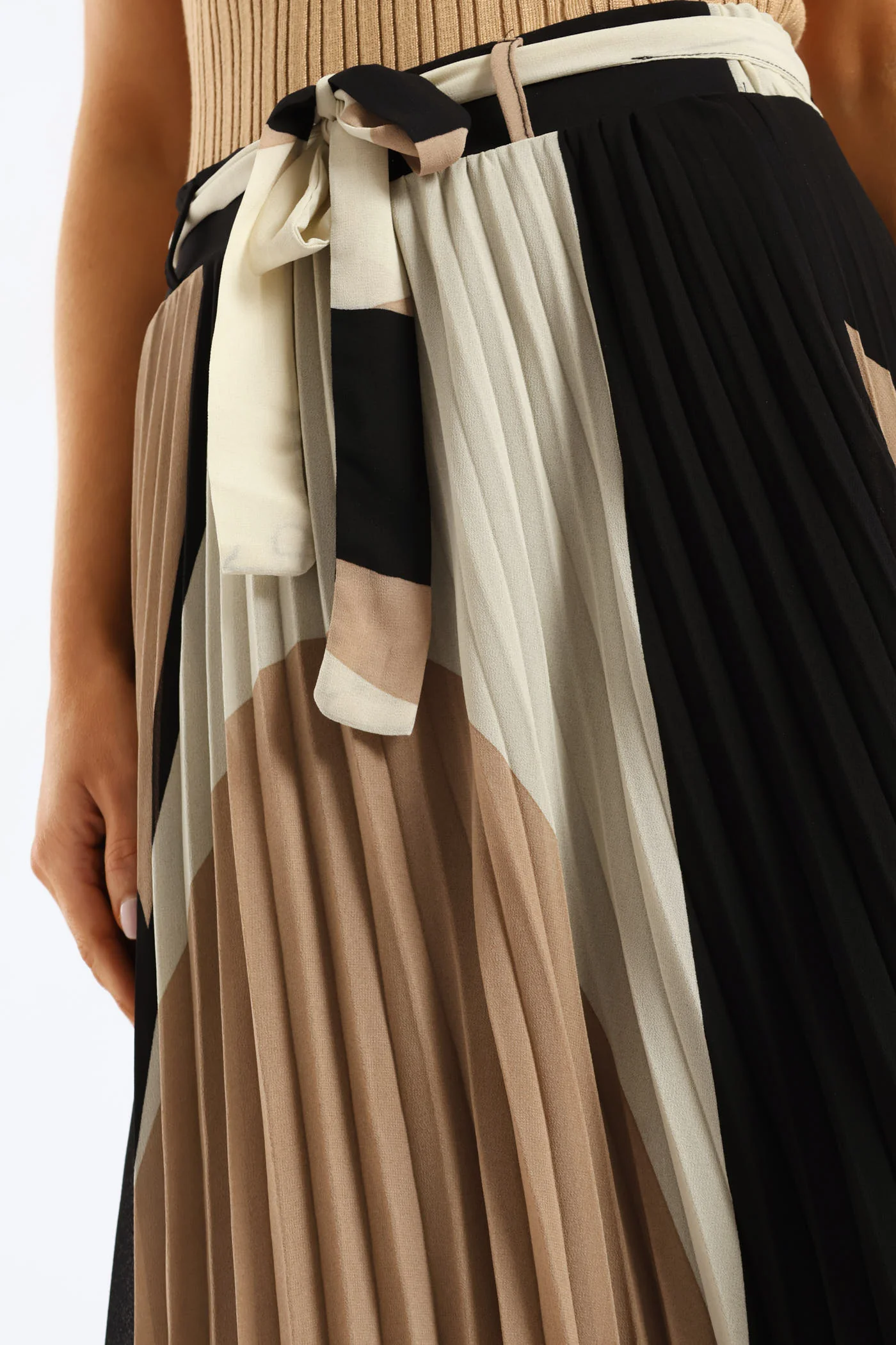 Abstract Chiffon Pleated Midi Skirt - Taupe/Cream - Image 5