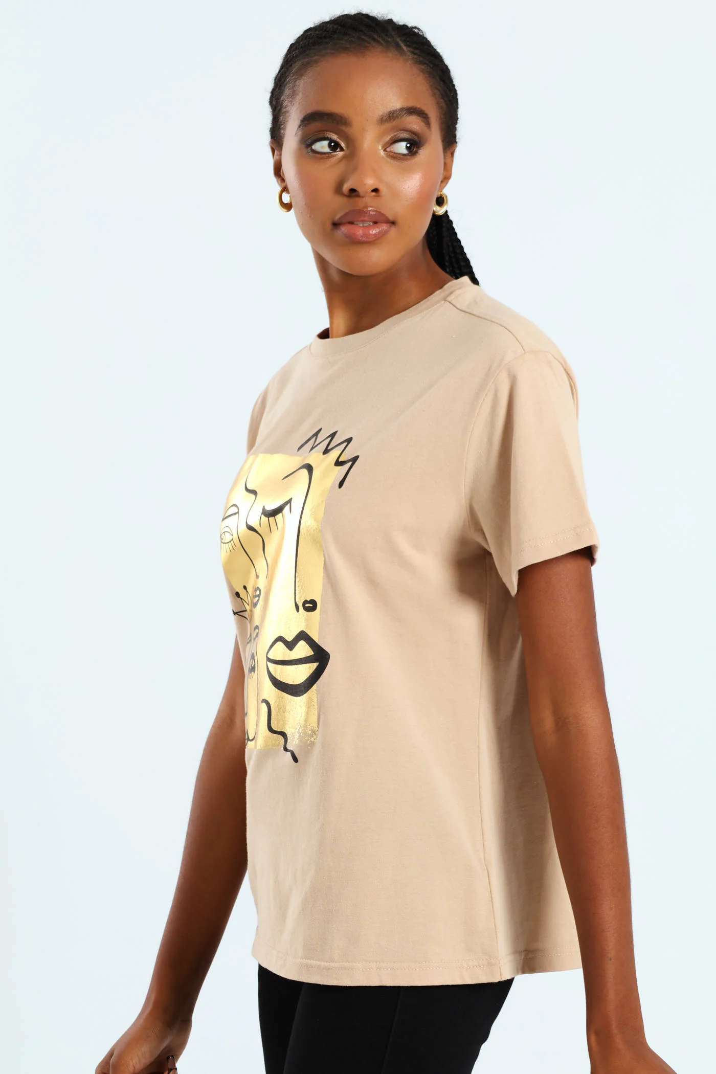 Abstract Faces Foil Tee - Beige - Image 2