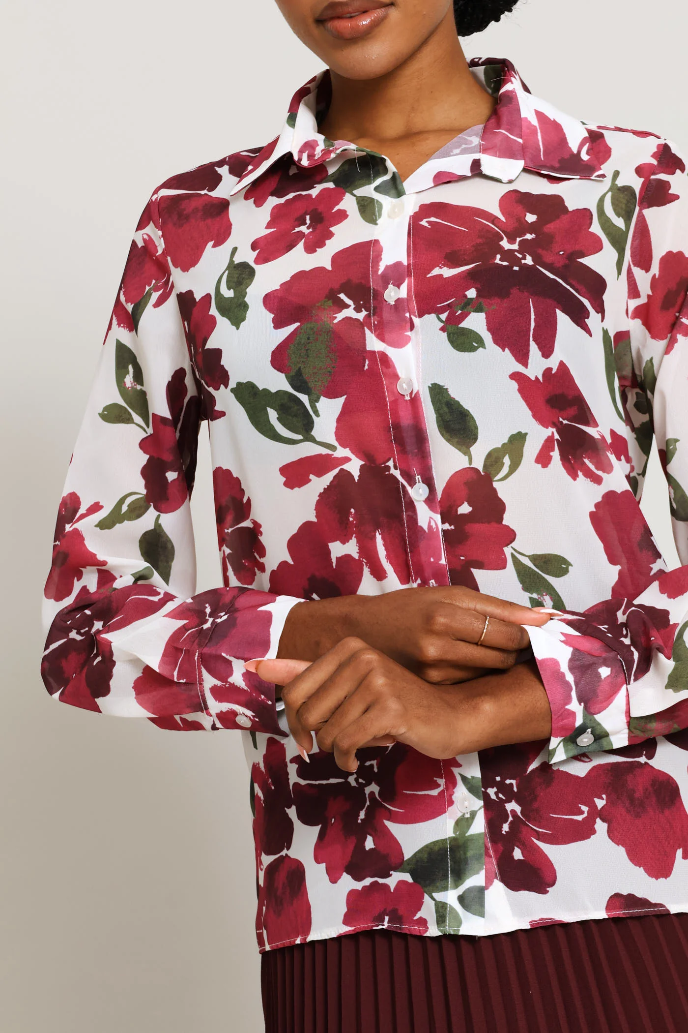 Abstract Floral Chiffon Shirt - Cream/Plum - Image 2