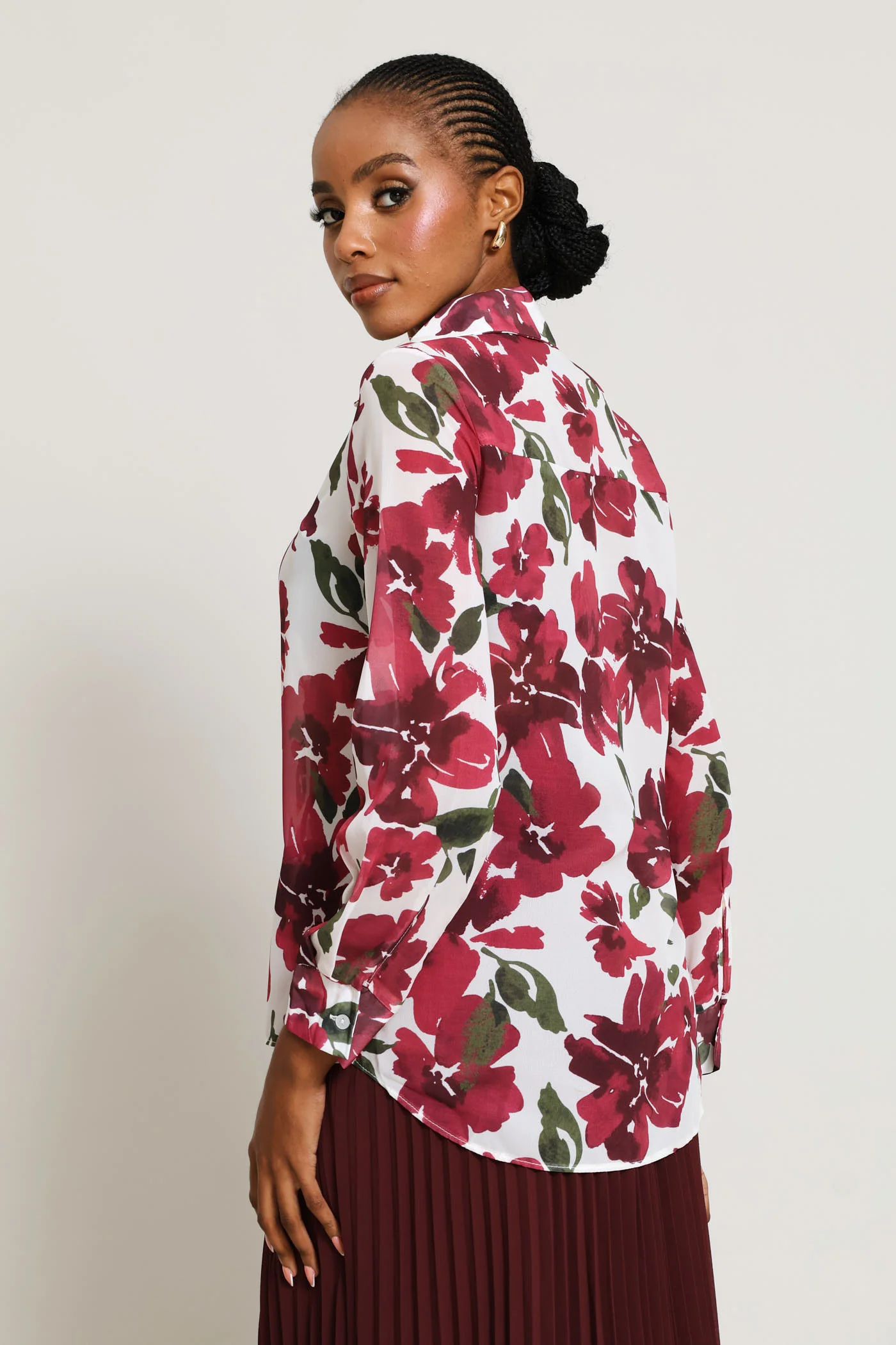 Abstract Floral Chiffon Shirt - Cream/Plum - Image 4