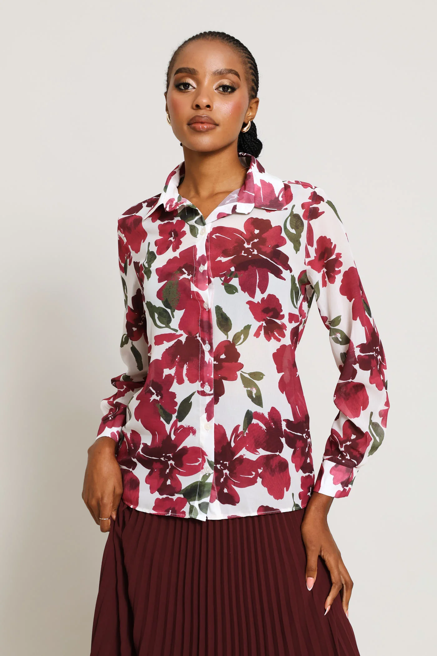 Abstract Floral Chiffon Shirt - Cream/Plum - Image 5