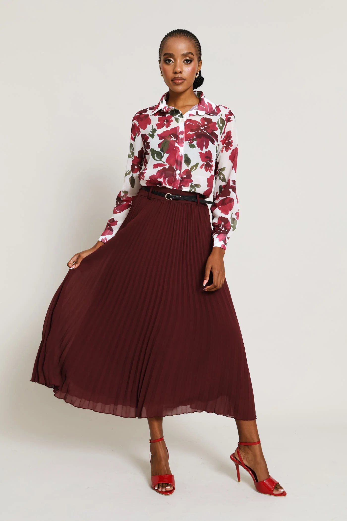 Abstract Floral Chiffon Shirt - Cream/Plum - Image 6