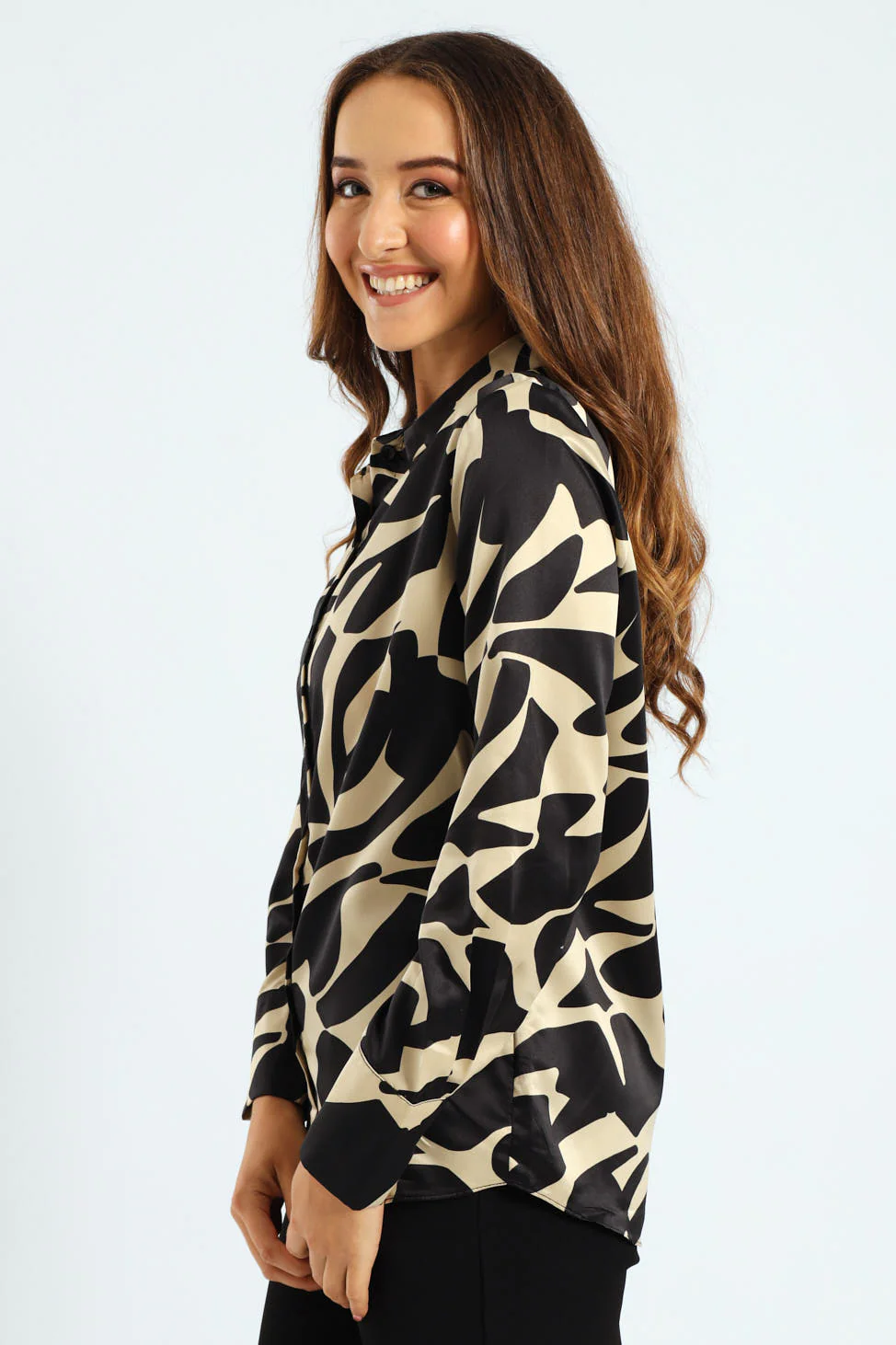 Abstract Monochrome Satin Shirt - Black/Cream - Image 2