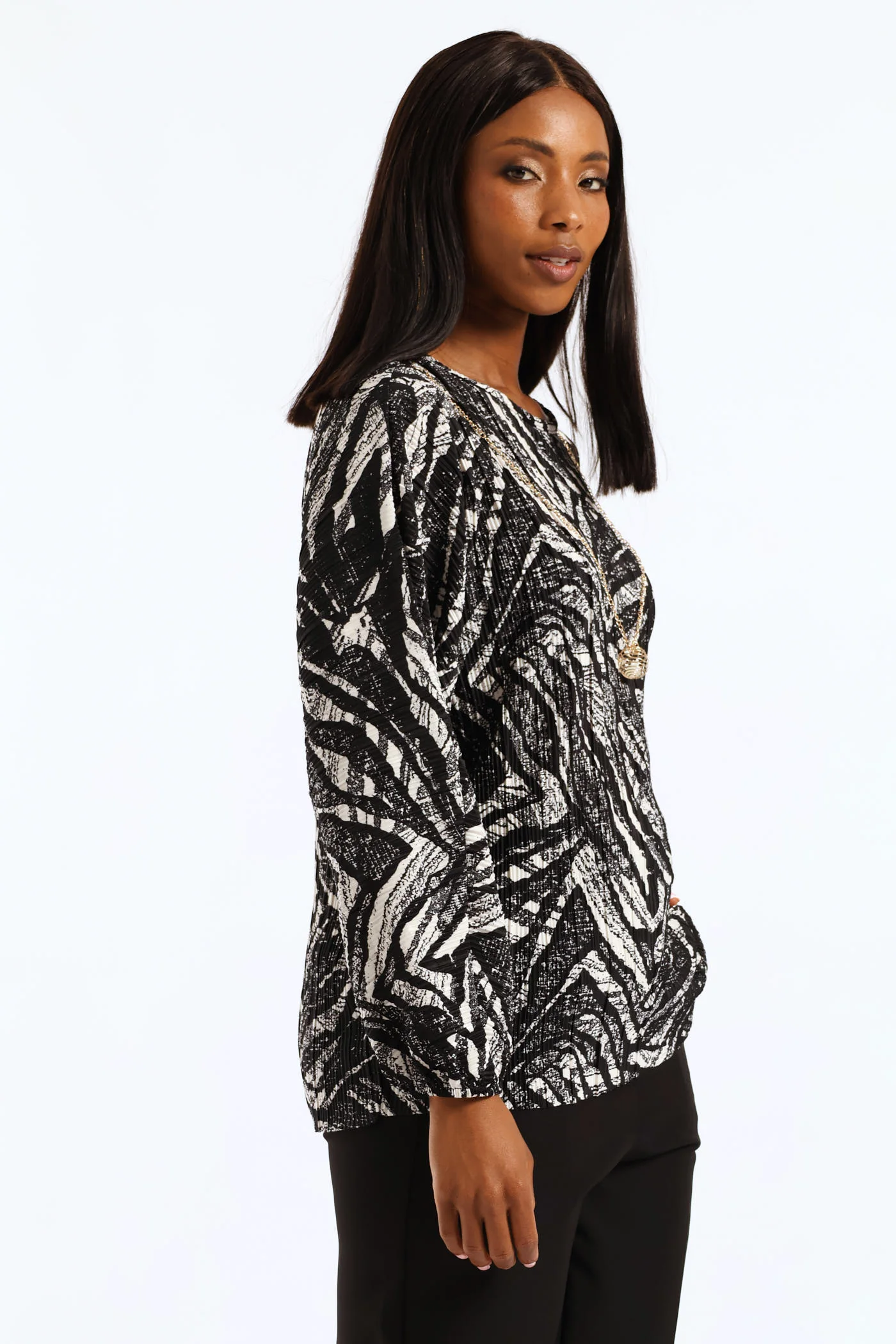 Abstract Plisse Blouse - Black/Cream - Image 3