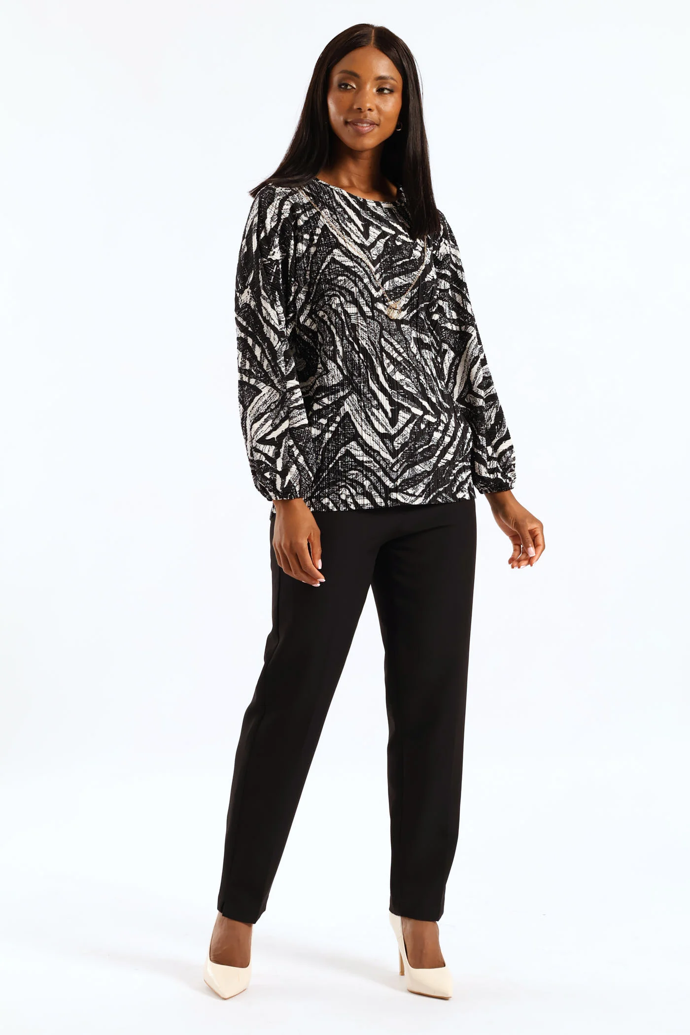 Abstract Plisse Blouse - Black/Cream - Image 6