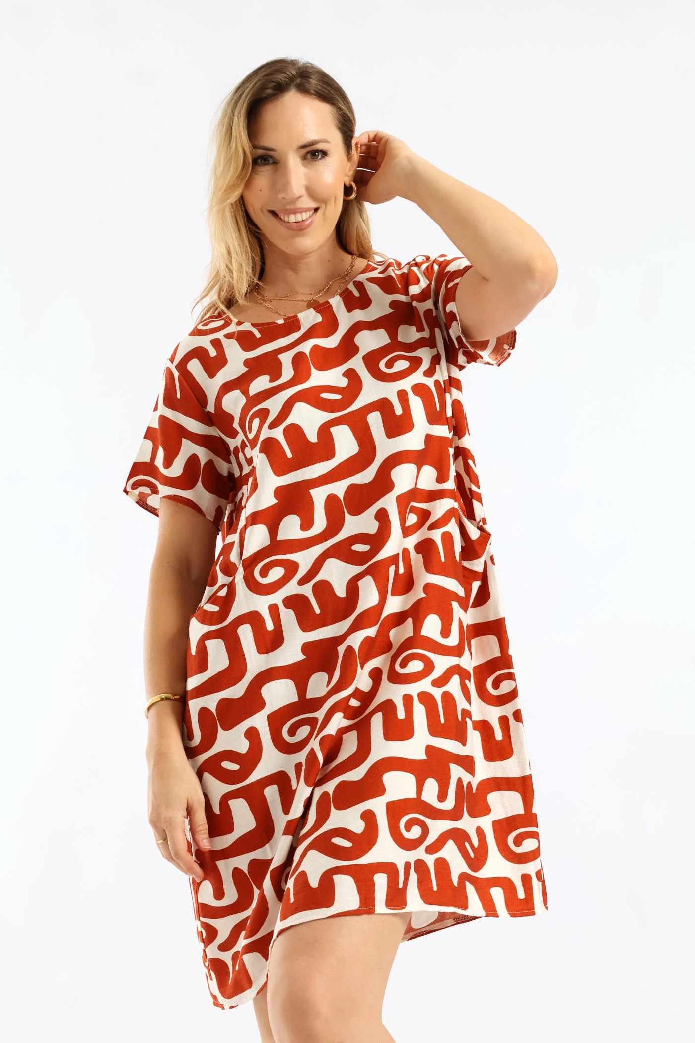 Abstract Print Boat Neck Sack Dress - Rust - Image 2