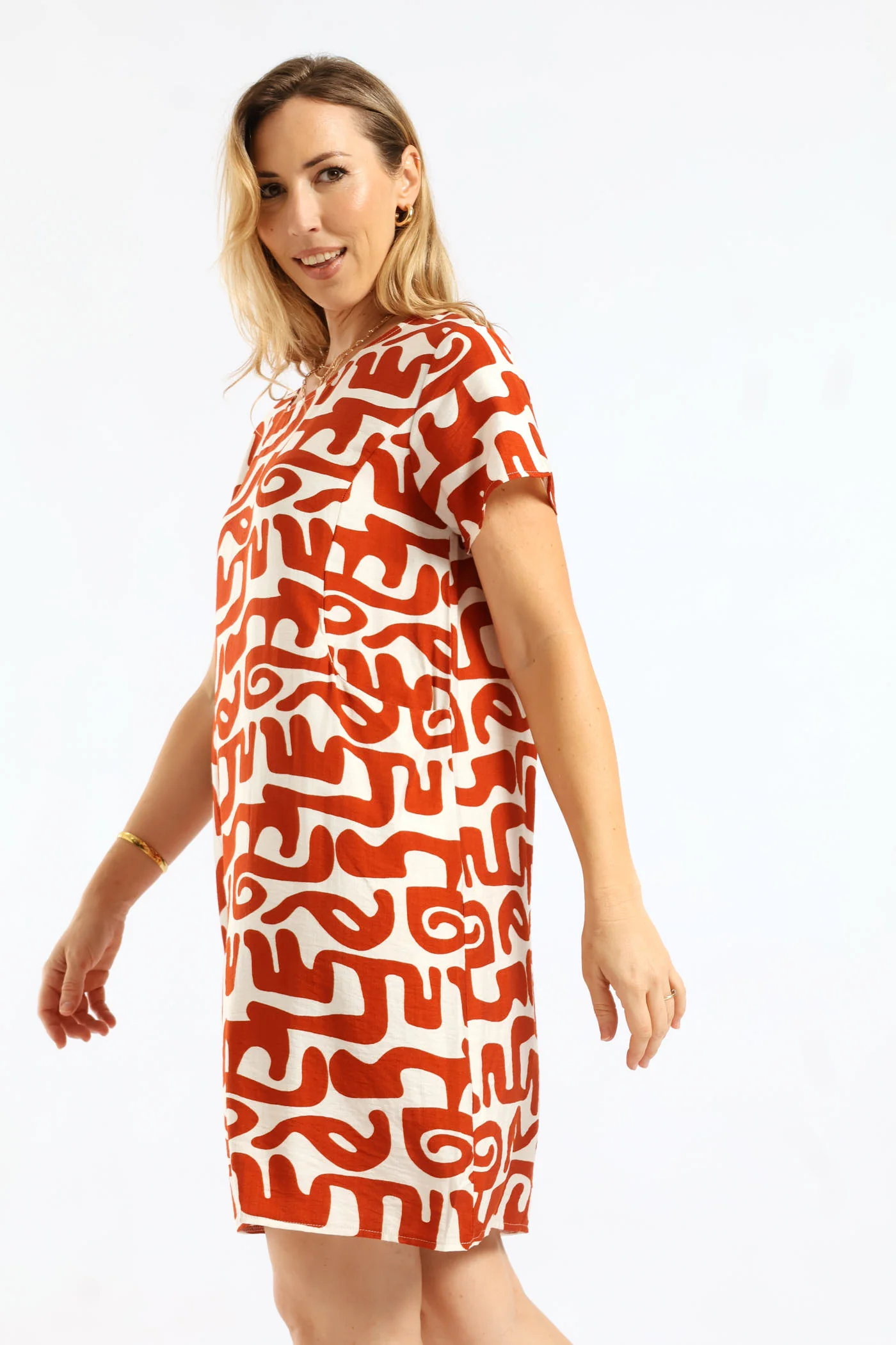 Abstract Print Boat Neck Sack Dress - Rust - Image 3