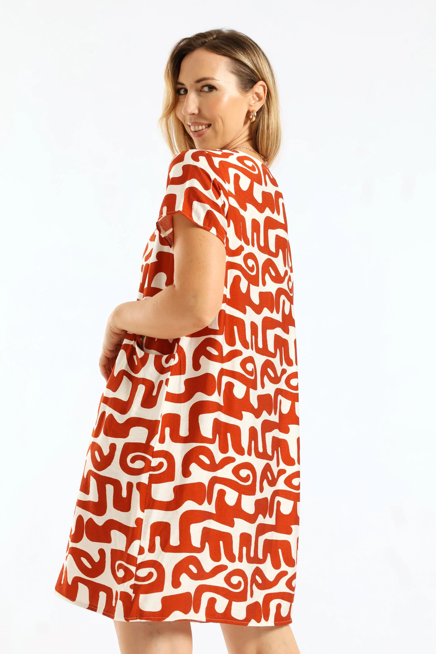 Abstract Print Boat Neck Sack Dress - Rust - Image 4