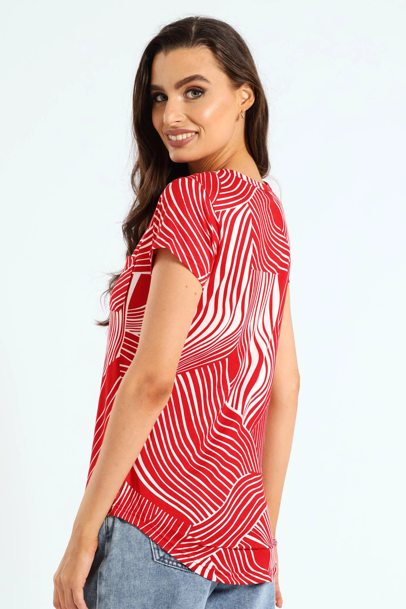Abstract Swirl Print Pocket Tee - White/Red - Image 4