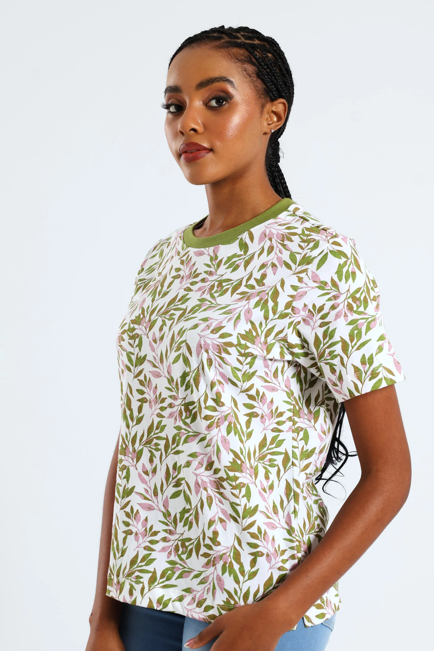 Abstract Tropical Leaf Print Plain Rib Boxy Tee - Chartreuse - Image 3