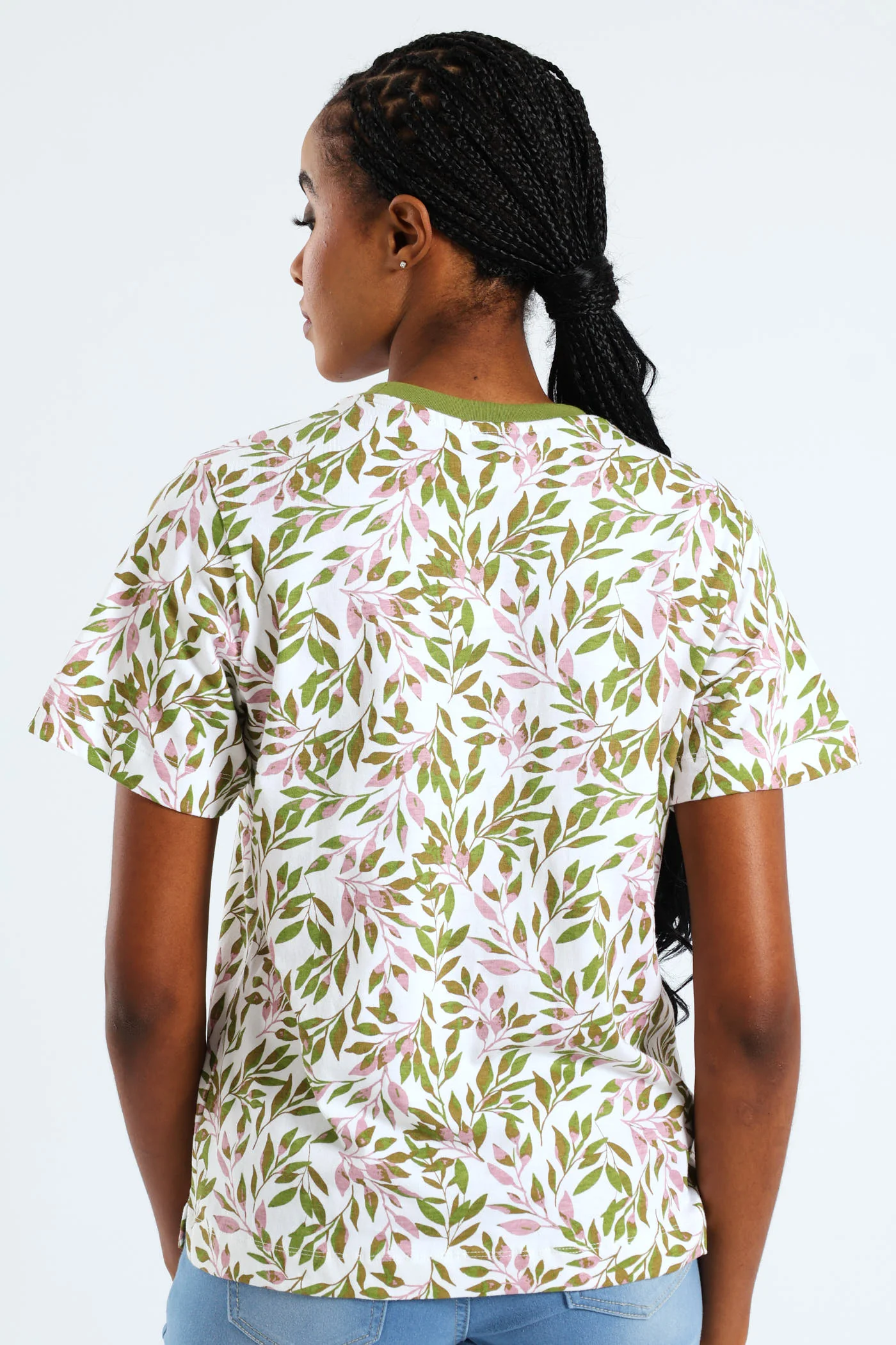 Abstract Tropical Leaf Print Plain Rib Boxy Tee - Chartreuse - Image 4