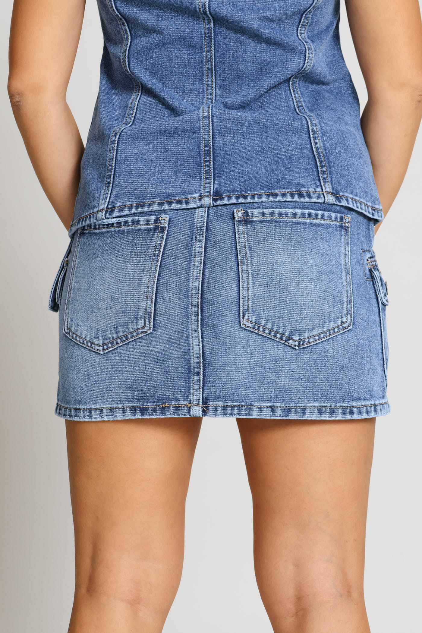 Adjustable Waist Utility Cargo Mini Skirt - Salty Mid Wash - Image 2