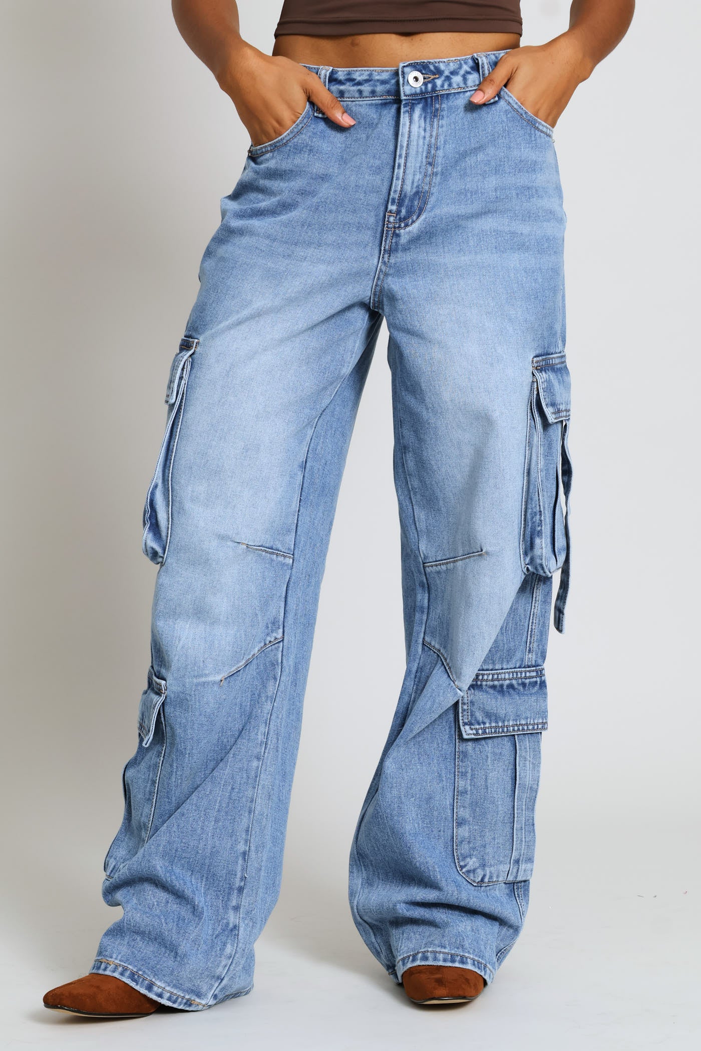Adjustable Waist Wide Leg Cargo Denim - Salty Mid Wash - Image 2