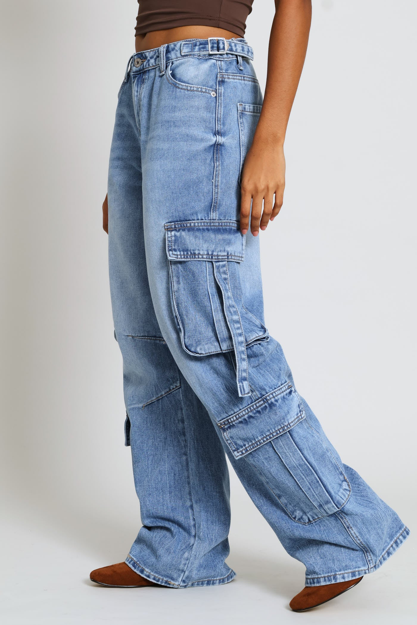 Adjustable Waist Wide Leg Cargo Denim - Salty Mid Wash - Image 3