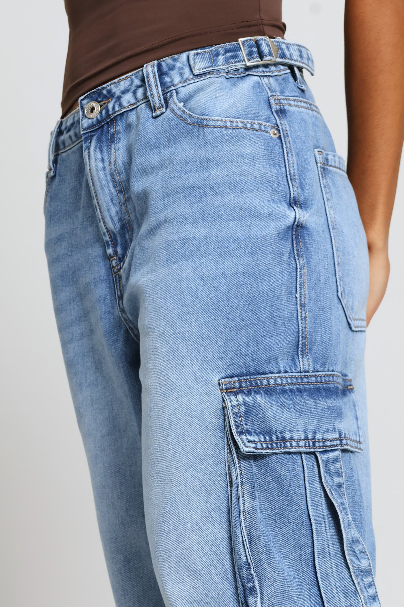 Adjustable Waist Wide Leg Cargo Denim - Salty Mid Wash - Image 4