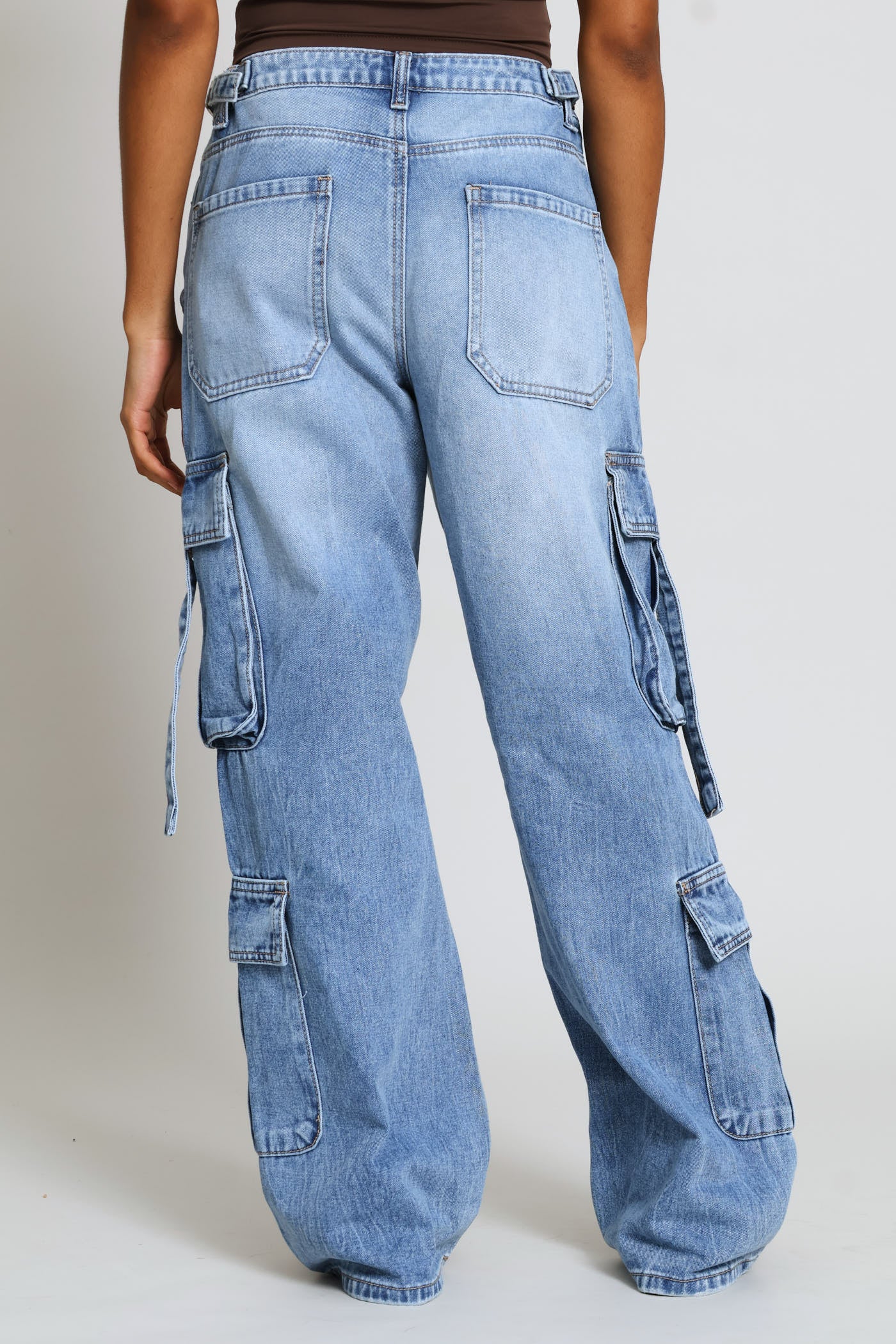 Adjustable Waist Wide Leg Cargo Denim - Salty Mid Wash - Image 5