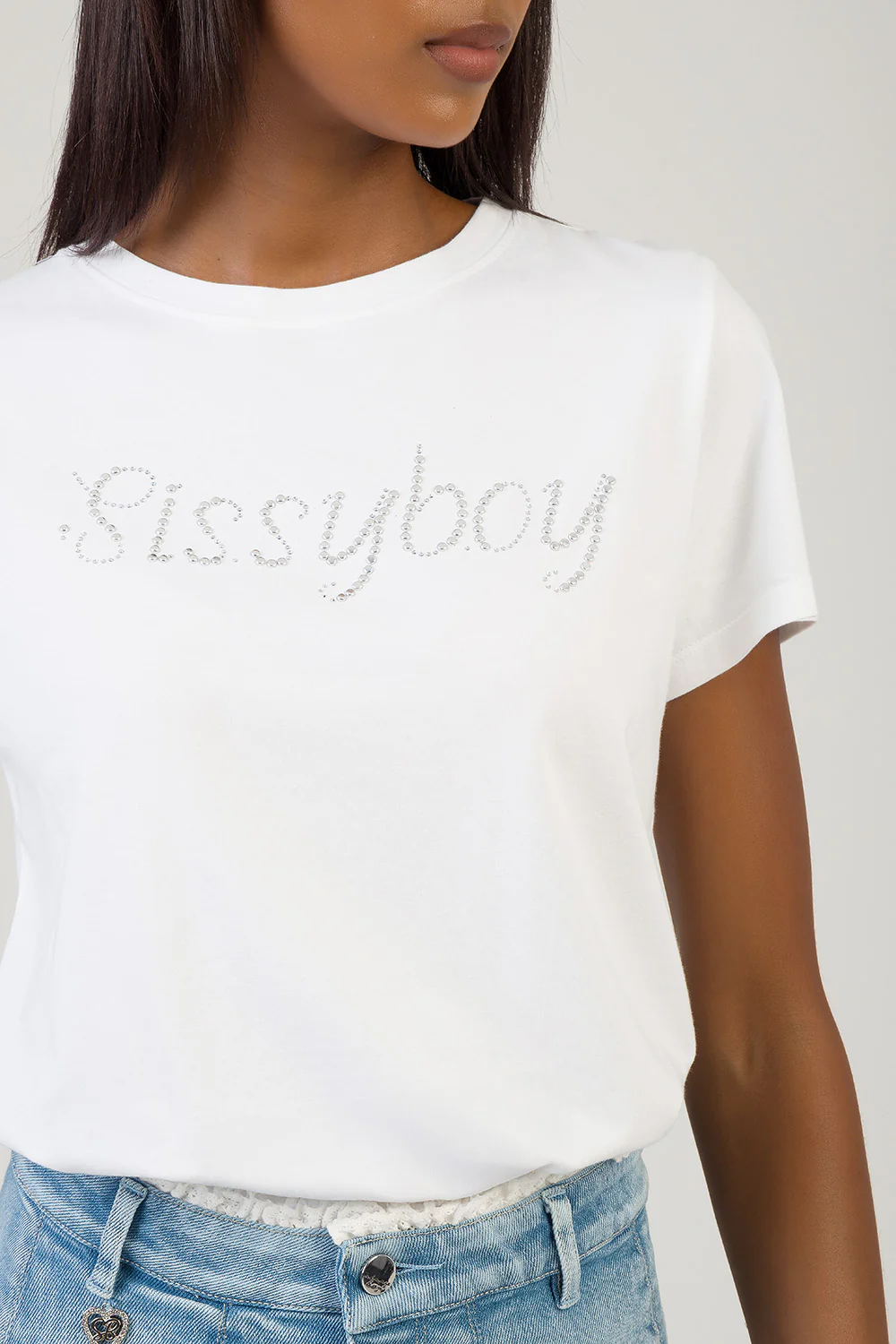 All Eyes On You: Regular T-Shirt With Stud & Bling - White - Image 2