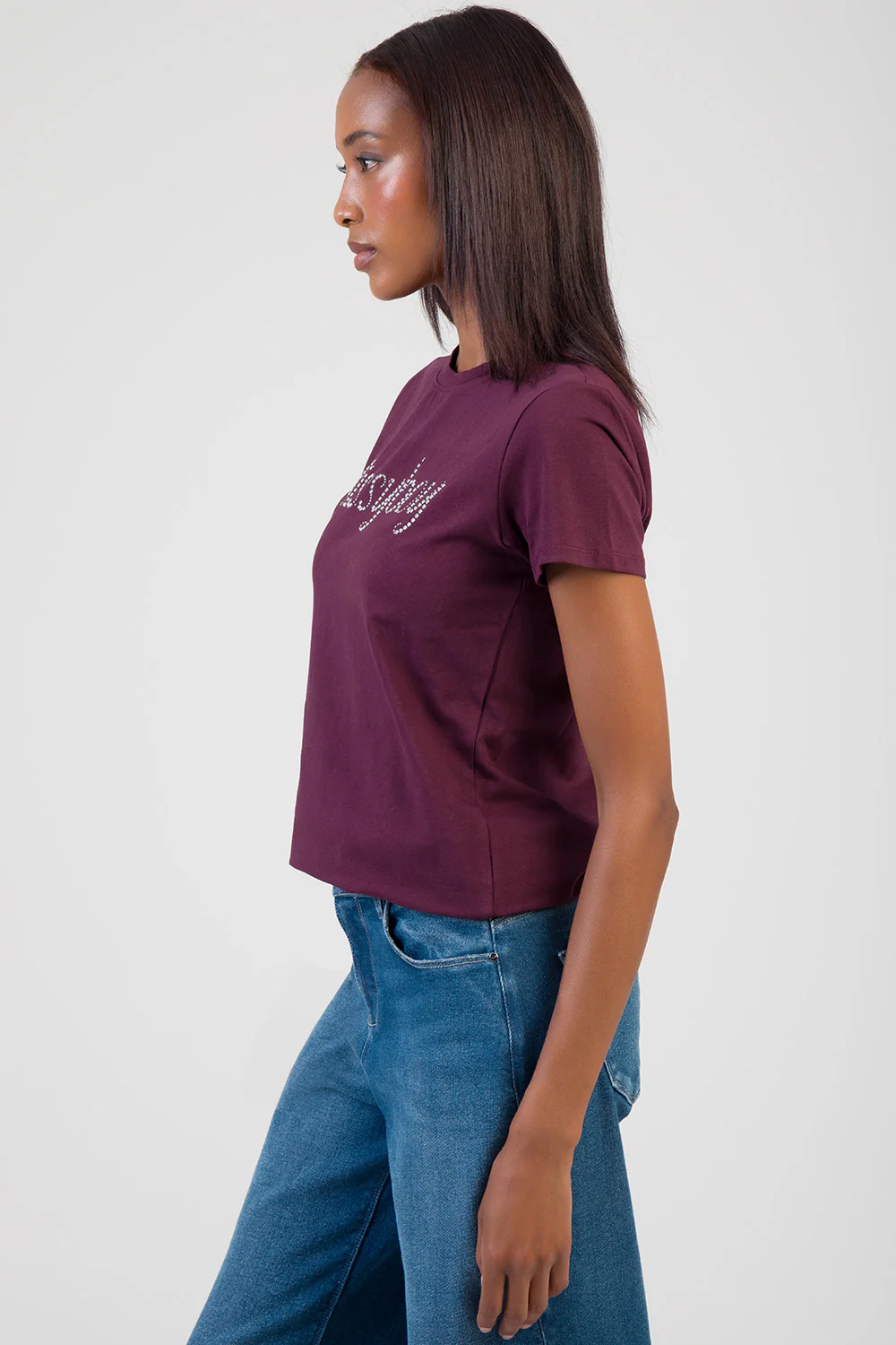 All Eyes On You Stud & Bling Regular T-Shirt - Burgundy - Image 5