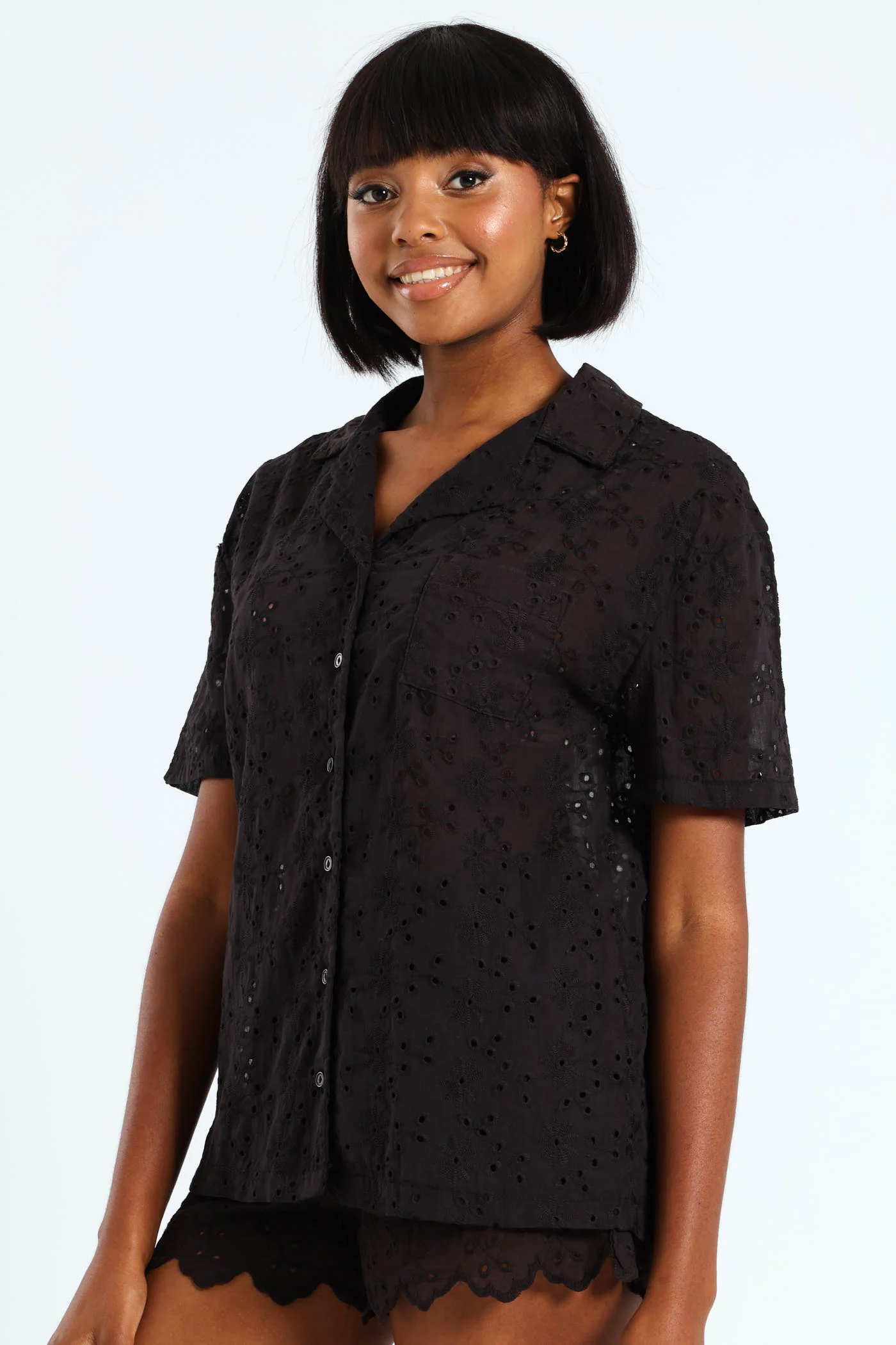 Anglaise Button Through Short Set - Black - Image 2