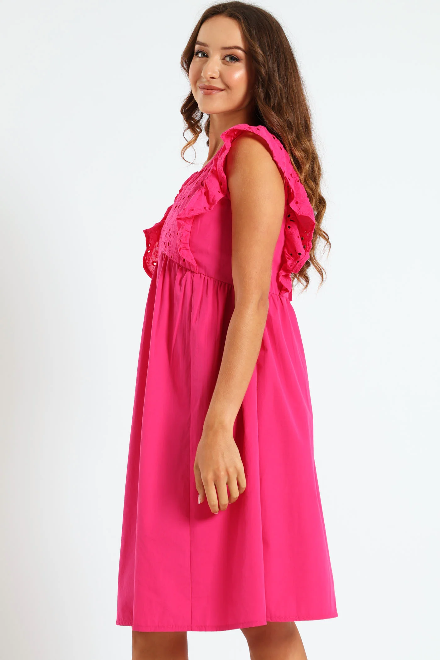 Anglaise Combo Frill Sleeve Mini Dress - Cerise - Image 2