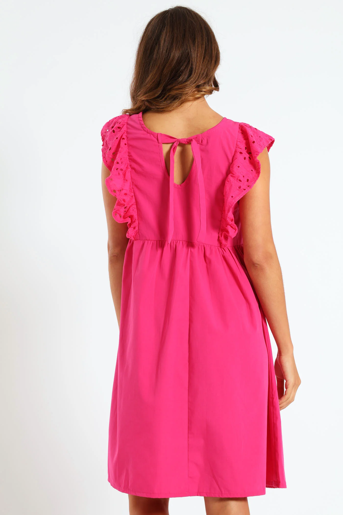 Anglaise Combo Frill Sleeve Mini Dress - Cerise - Image 3