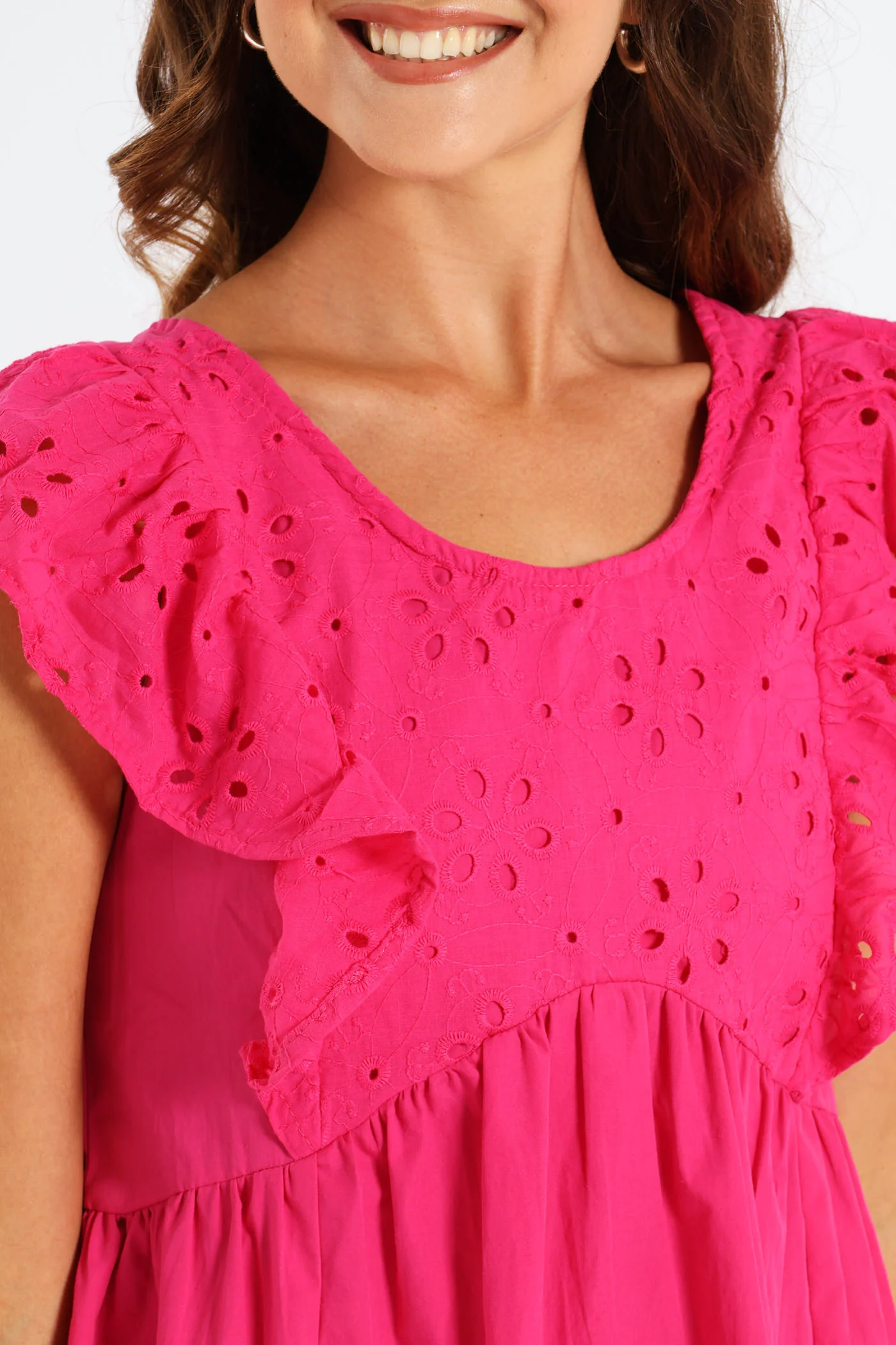 Anglaise Combo Frill Sleeve Mini Dress - Cerise - Image 4